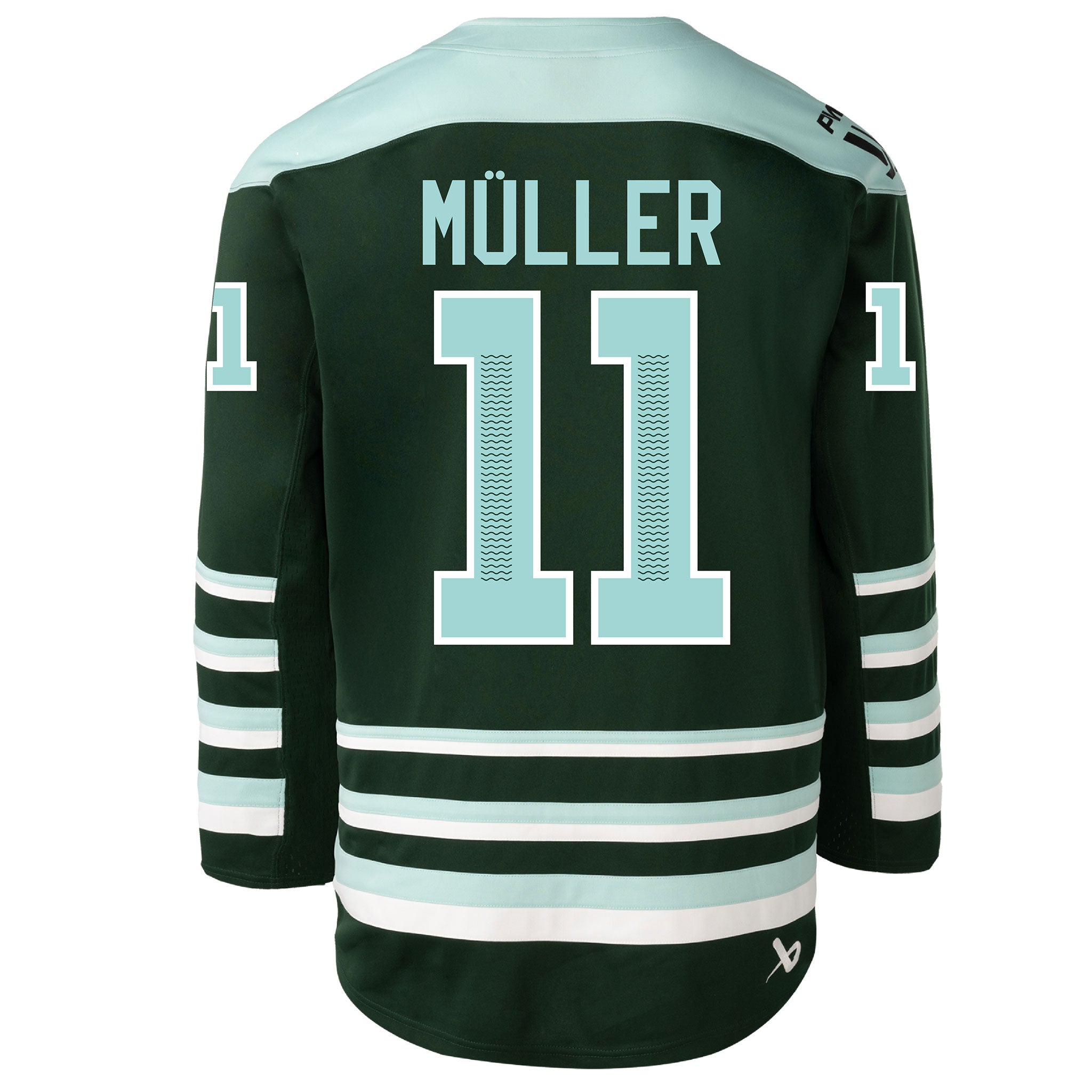 Green hockey jersey with 'Müller' and number '11' on a white background