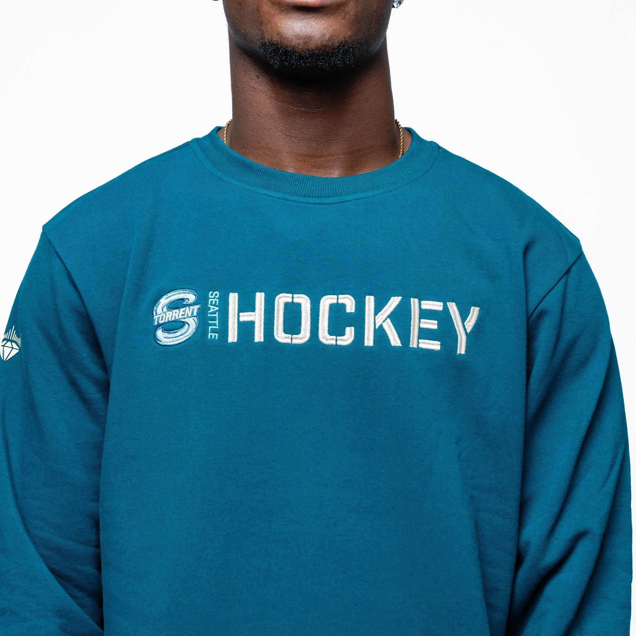 Close up of embroidery on the green Adult Seattle Torrent Royalty Everyday Cloud Crew