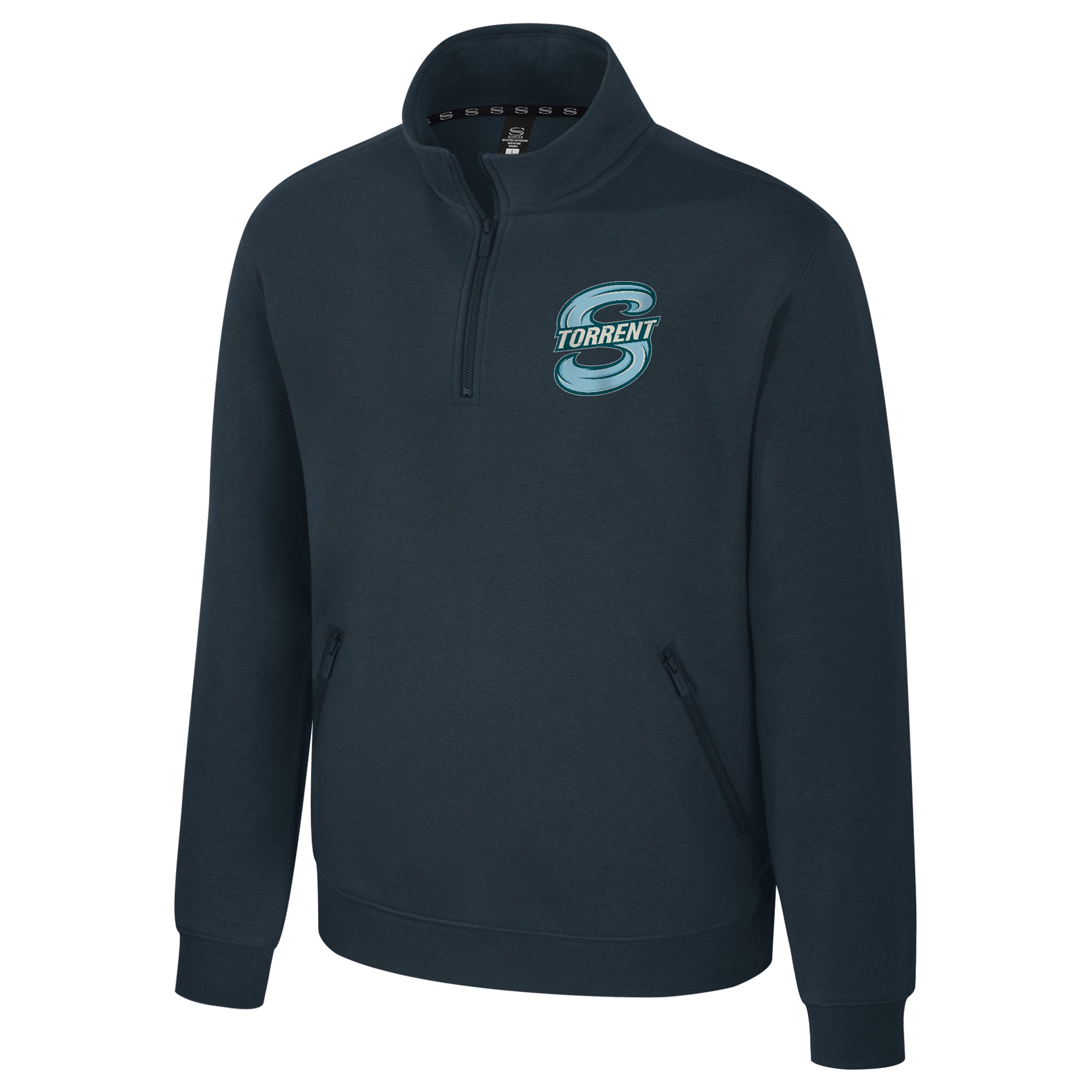 The front of the charcoal Adult Seattle Torrent Stadium Essentials Trainer 1/4 Zip Fleece with Seattle torrent logo on the left chest