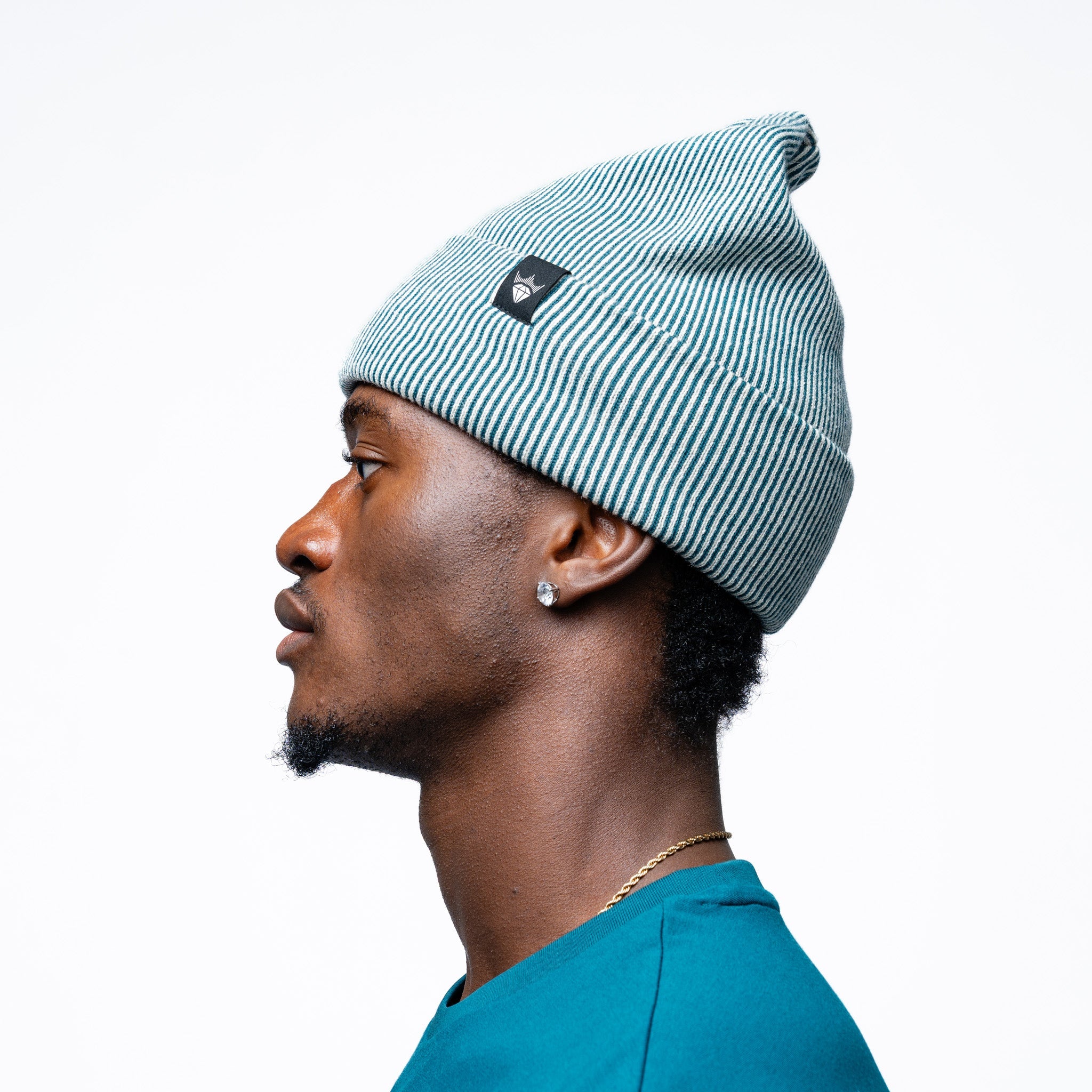 Side angle of a man wearing the green Adult Seattle Torrent Royalty Double Knit Beanie