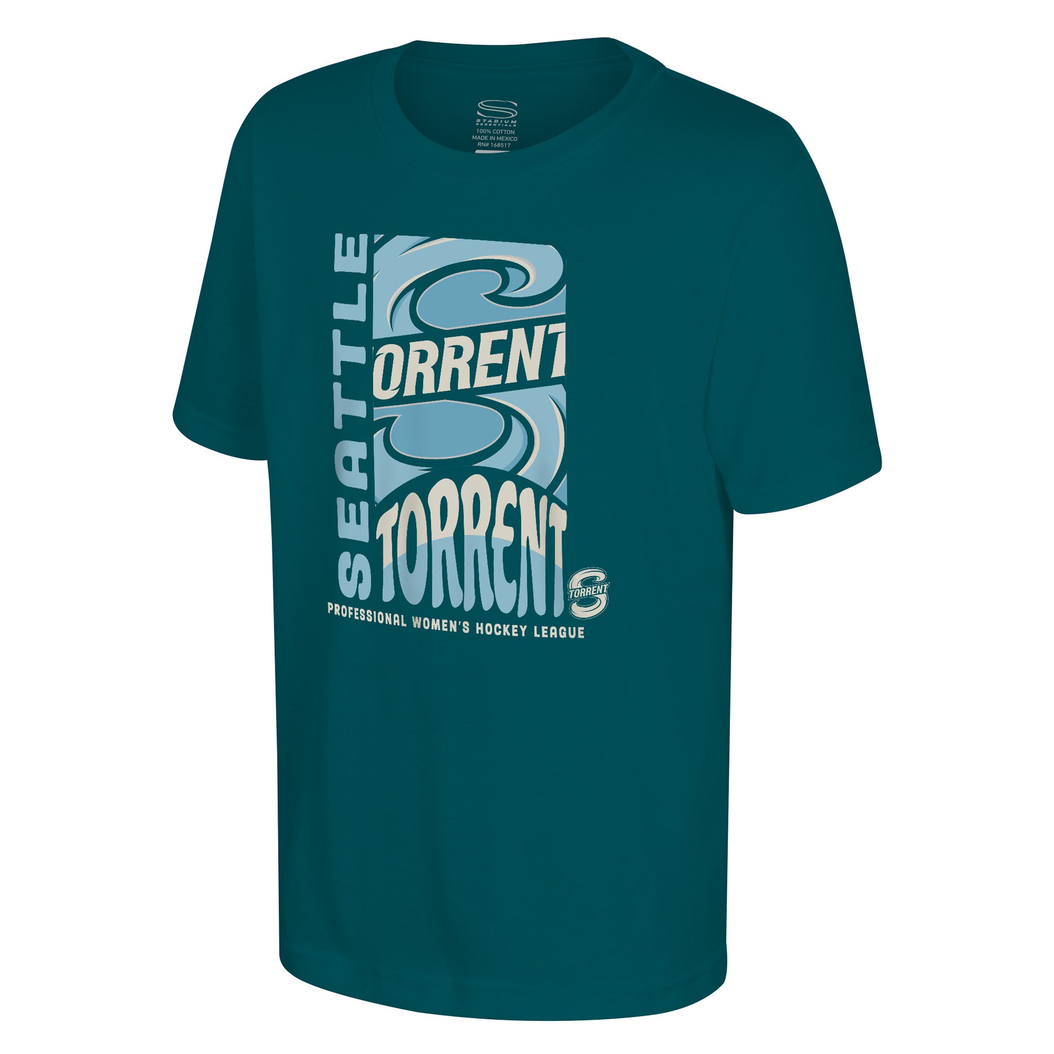 Front image of the green Youth Seattle Torrent Stadium Essentials Pop Up T-Shirt