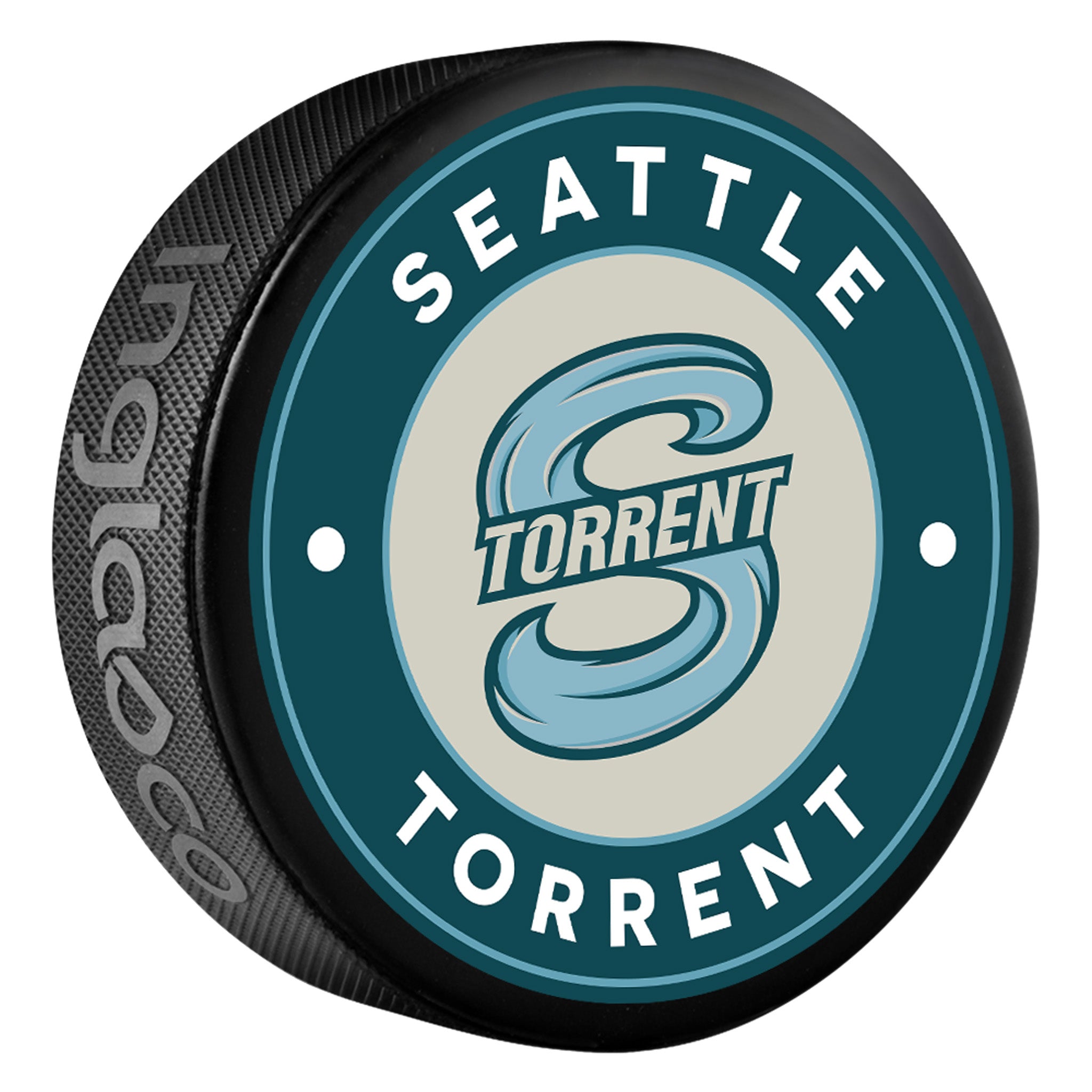 The front graphic on a black Seattle Torrent Souvenir Puck