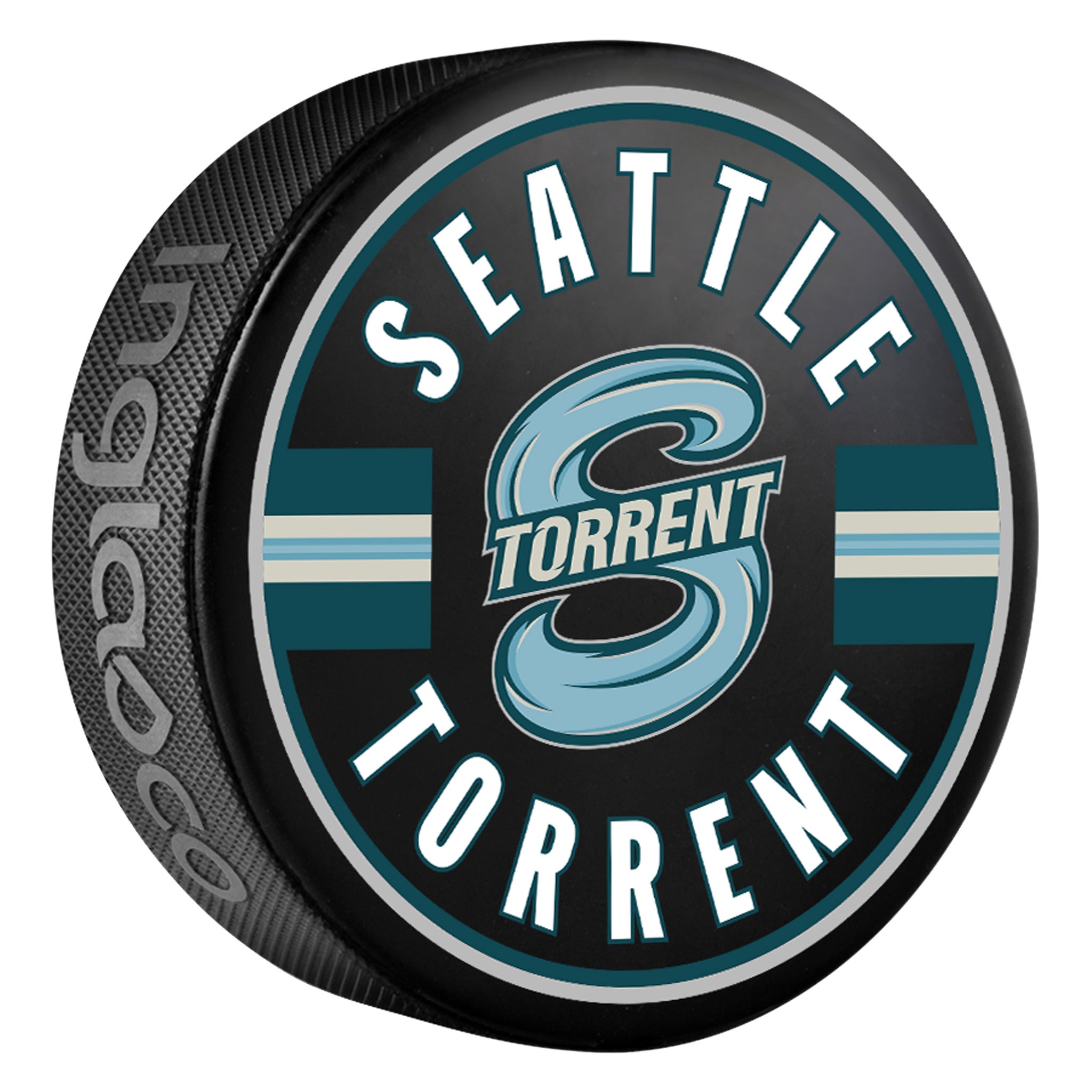 The front graphic on a black Seattle Torrent Colored Puck