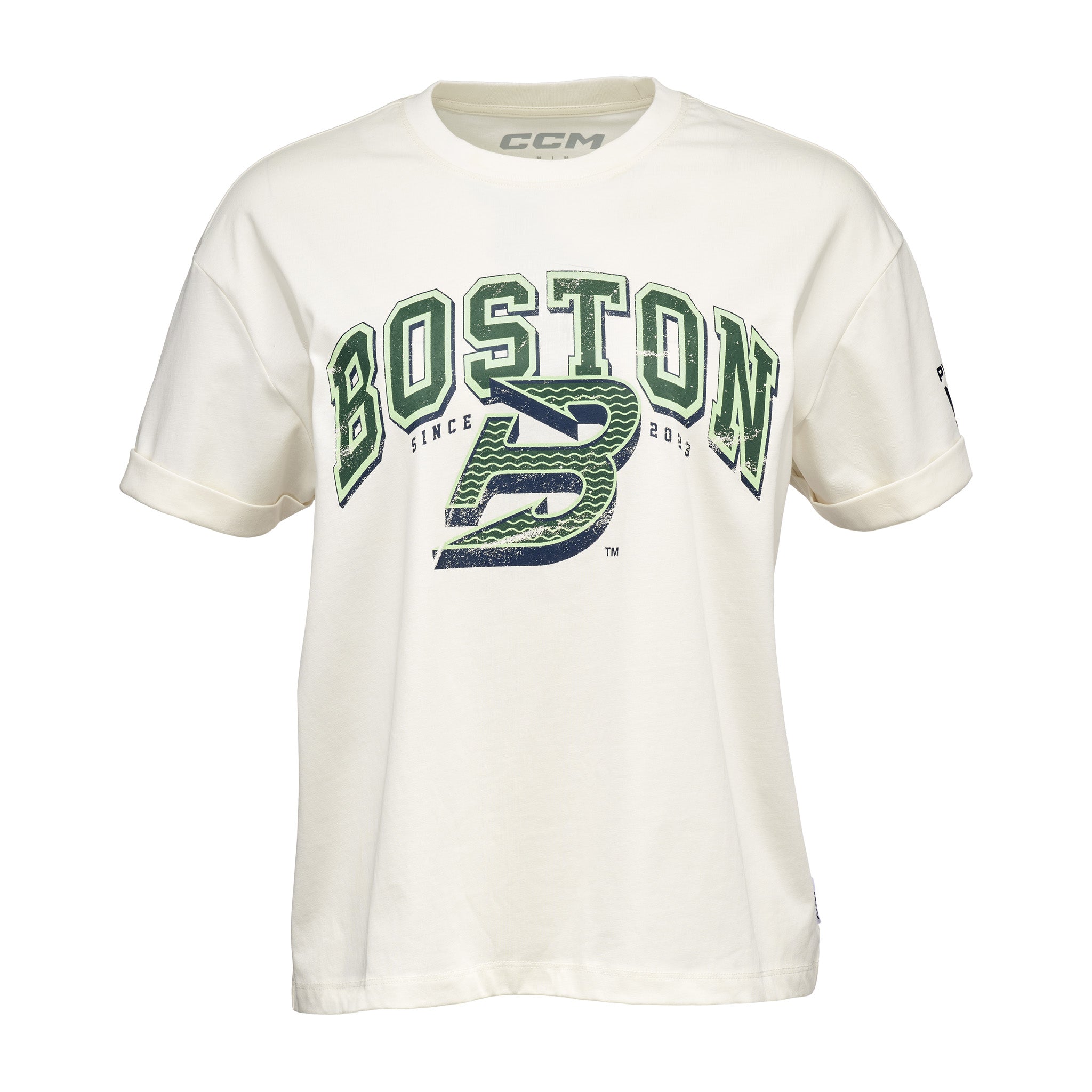 White t-shirt with 'Boston' and logo on a white background