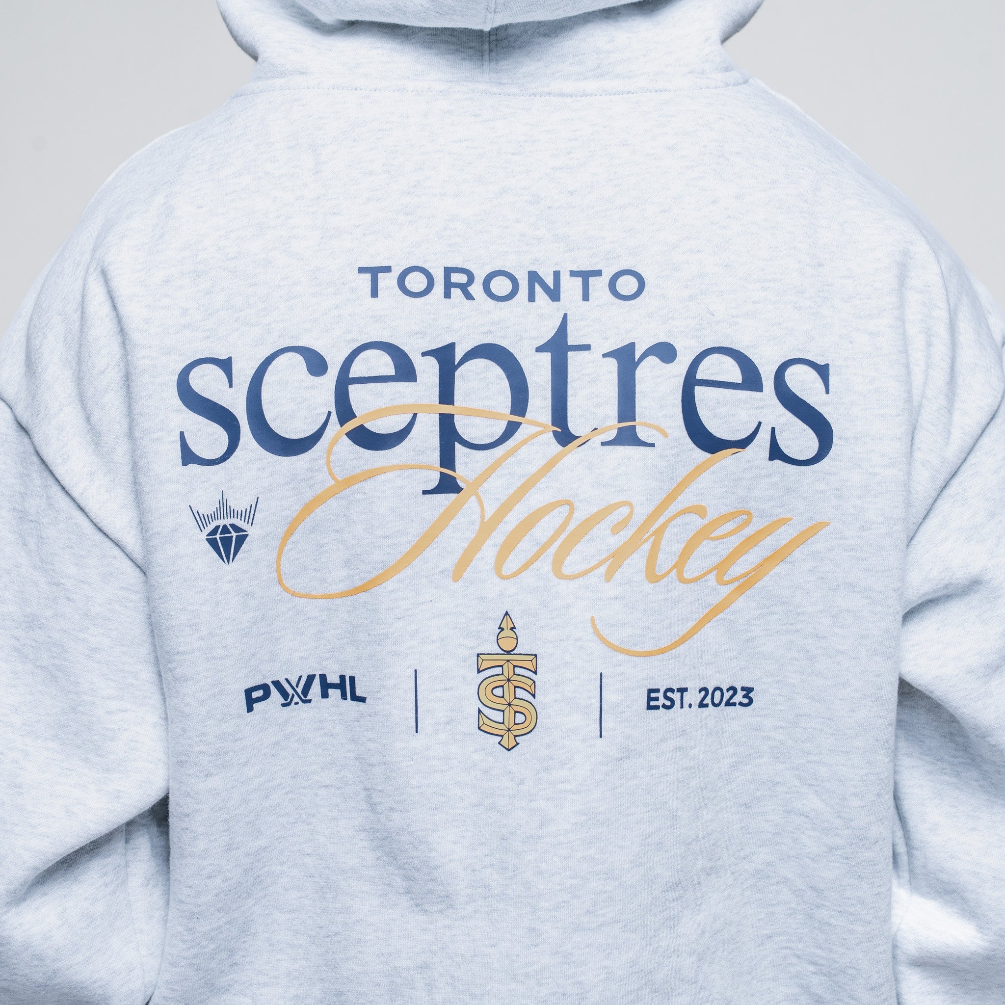 Light gray hoodie with 'Toronto Sceptres Hockey' text and logos on a plain background