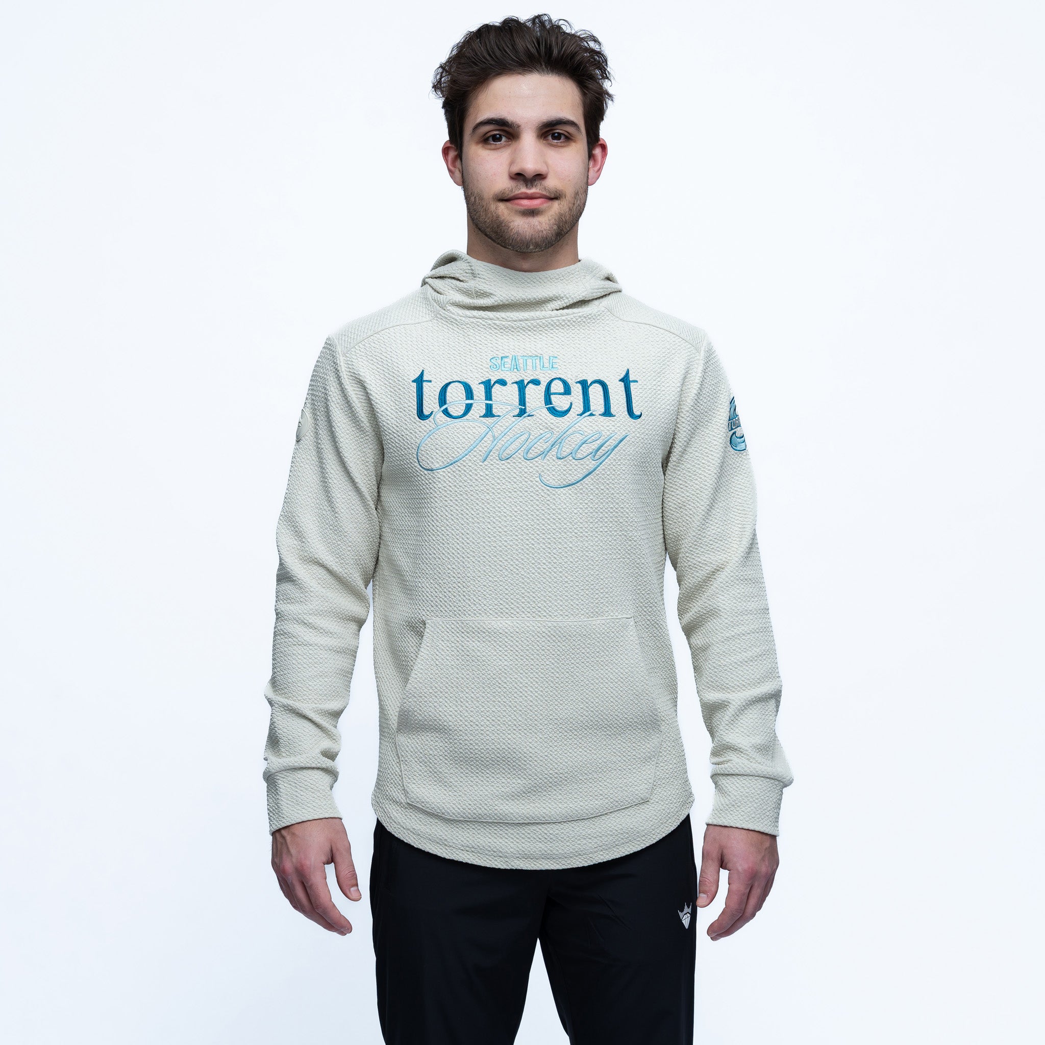 Person wearing a light gray hoodie with text on a white background
