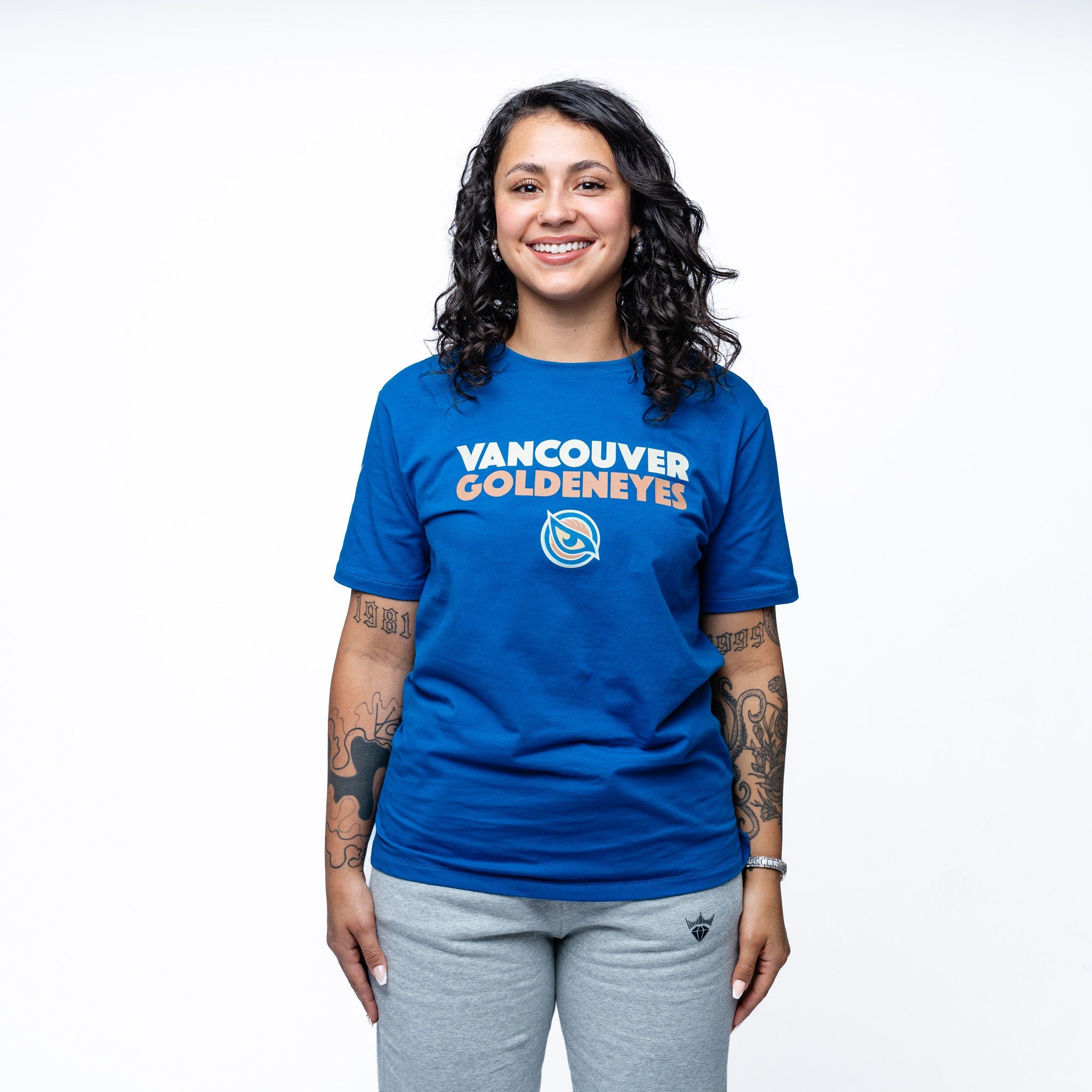 Woman wearing Person wearing Blue Adult Vancouver Goldeneyes Royalty Local Sideline T-Shirt