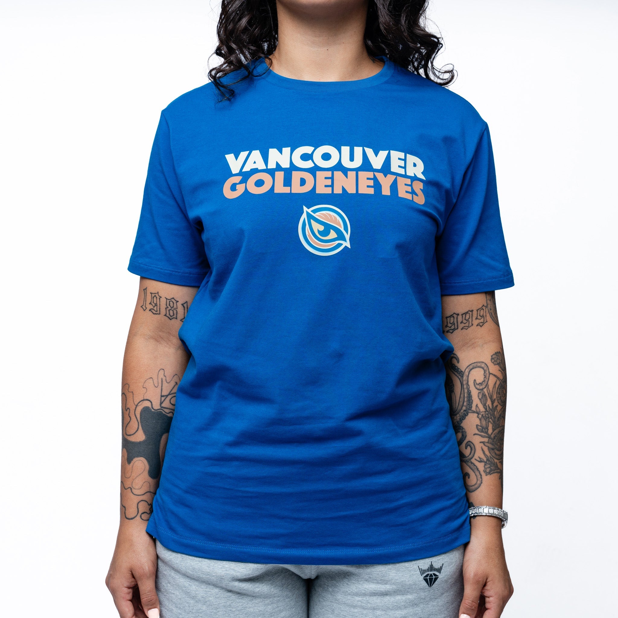 Person wearing Blue Adult Vancouver Goldeneyes Royalty Local Sideline T-Shirt