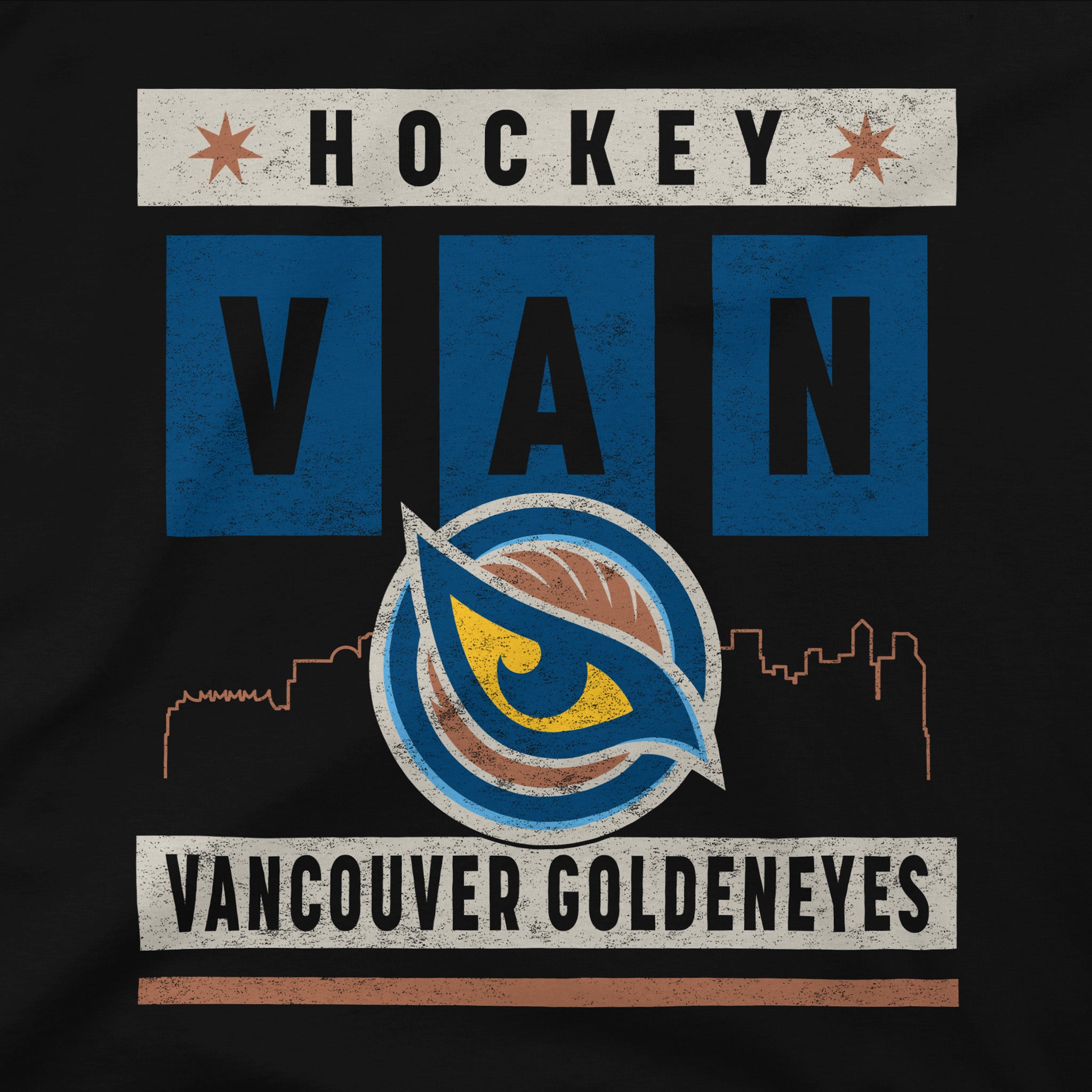 Close up of the Vancouver Goldeneyes graphic on the back of the black Adult Vancouver Goldeneyes Stadium Essentials Big Shot Urban T-Shirt