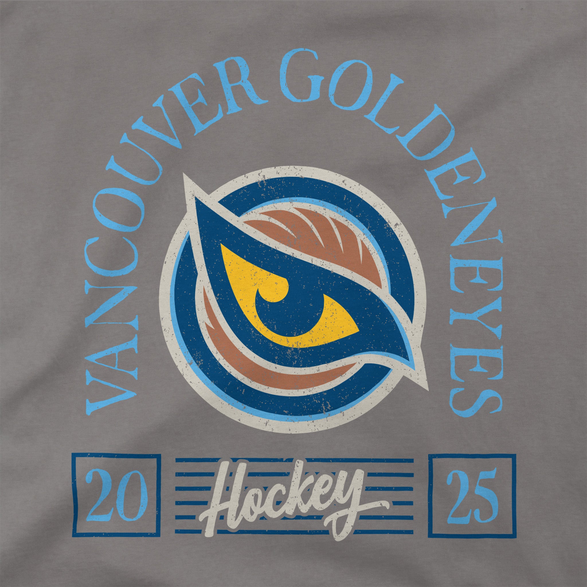 Close up of the graphic on the back of the Adult Vancouver Goldeneyes Stadium Essentials Laylow Vintage T-Shirt