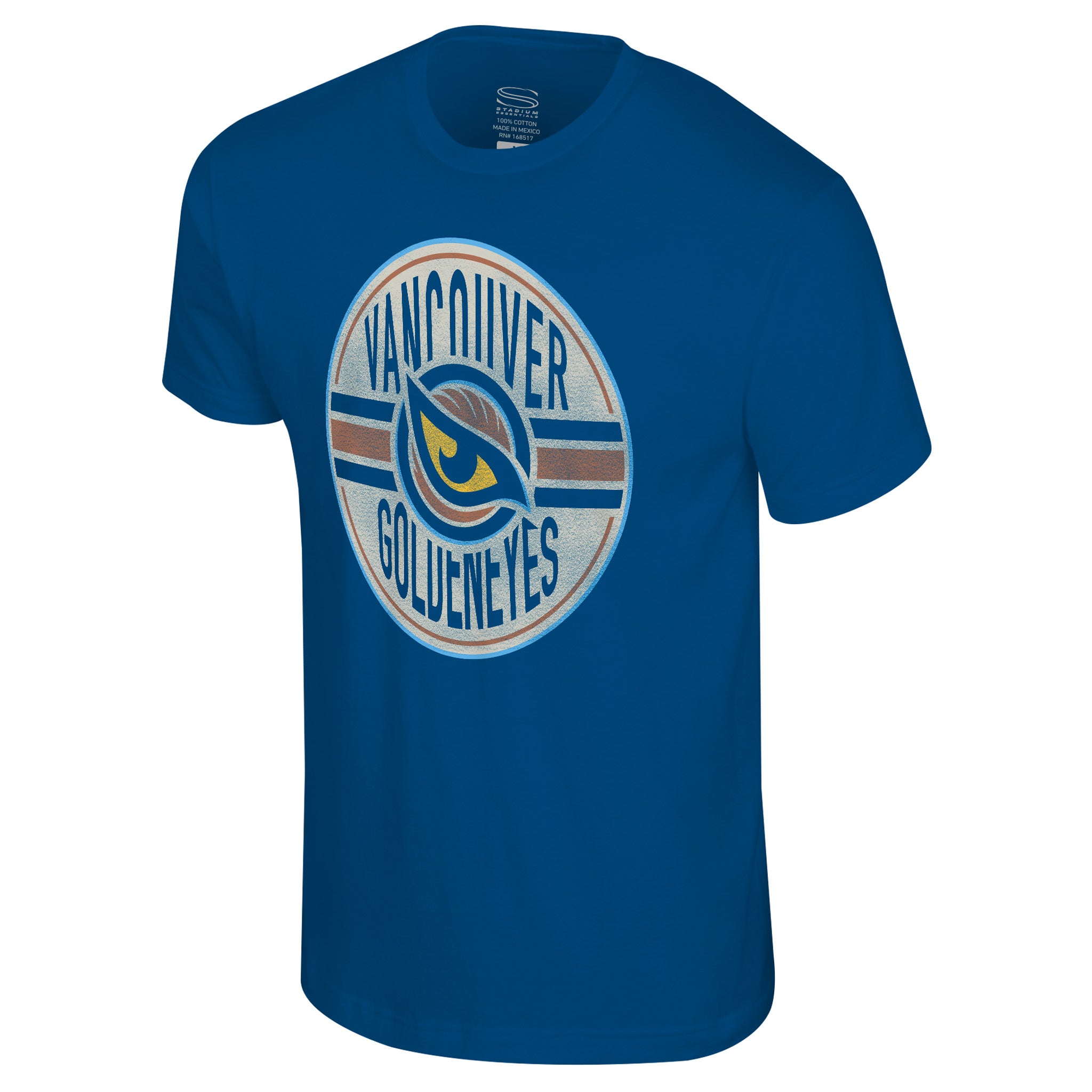 Front of the Blue Adult Vancouver Goldeneyes Stadium Essentials Seal T-Shirt