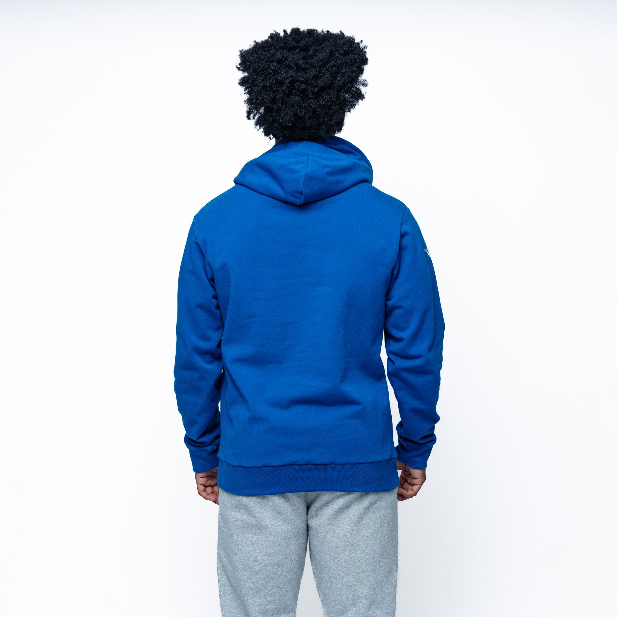 man wearing blue Adult Vancouver Goldeneyes Royalty Citymark Cloud Hoodie side angle