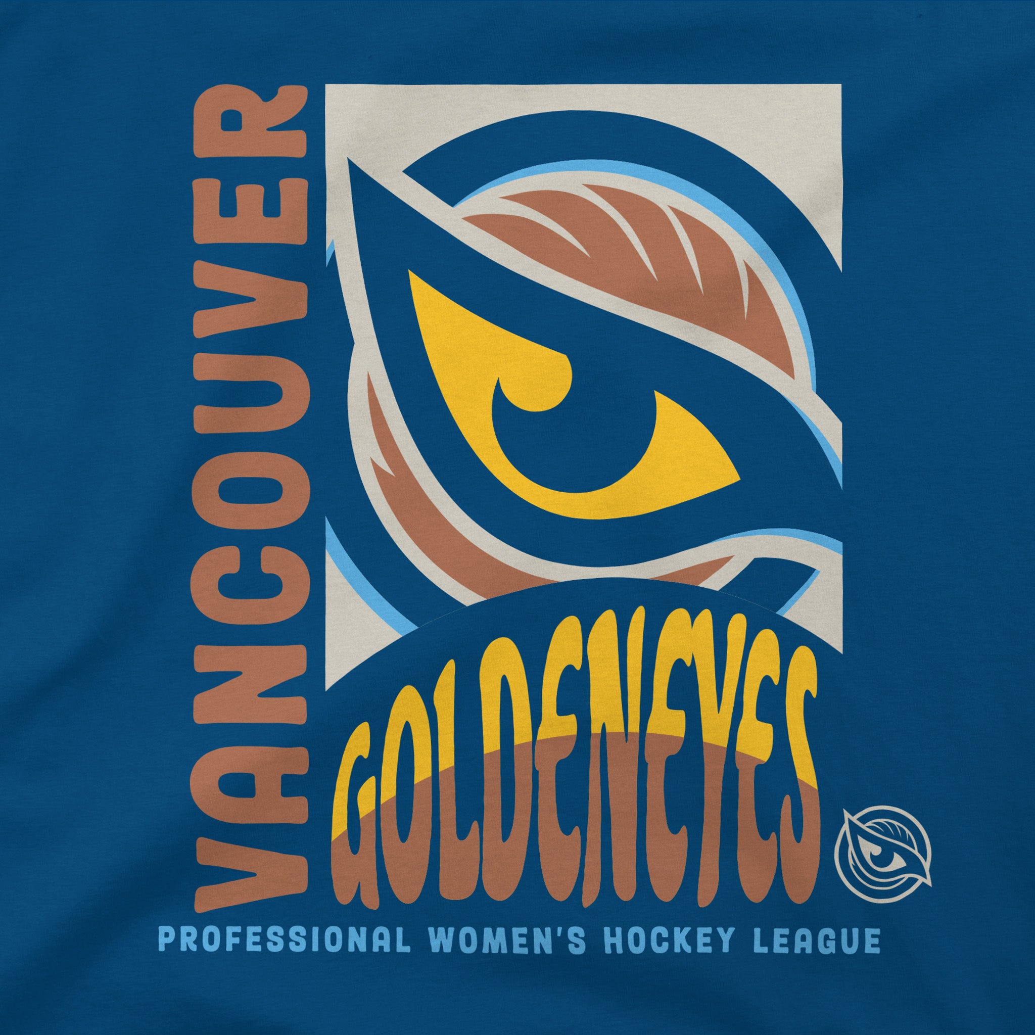 Close up of the graphic of the blue Youth Vancouver Goldeneyes Stadium Essentials Pop Up T-Shirt