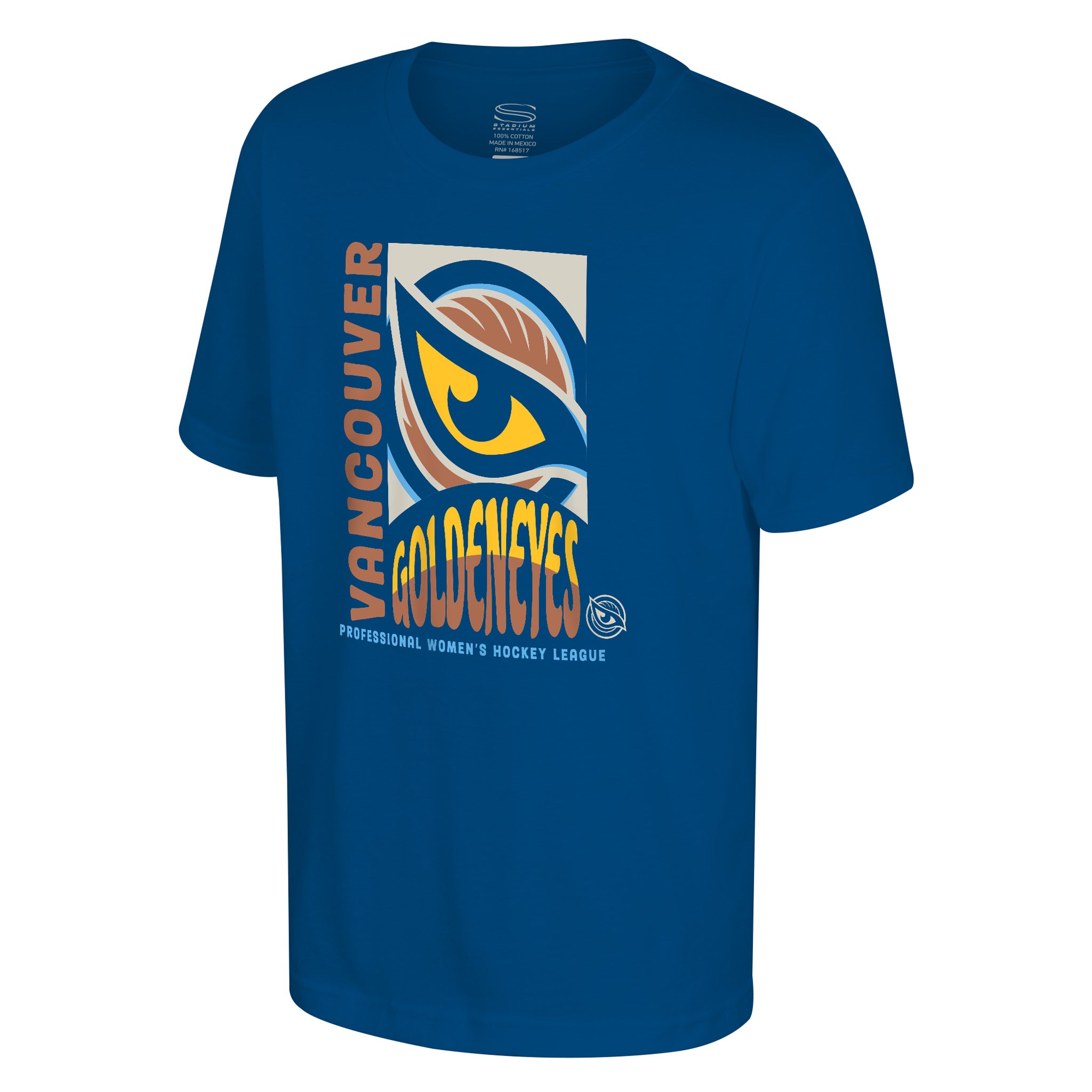 Front of the blue Youth Vancouver Goldeneyes Stadium Essentials Pop Up T-Shirt
