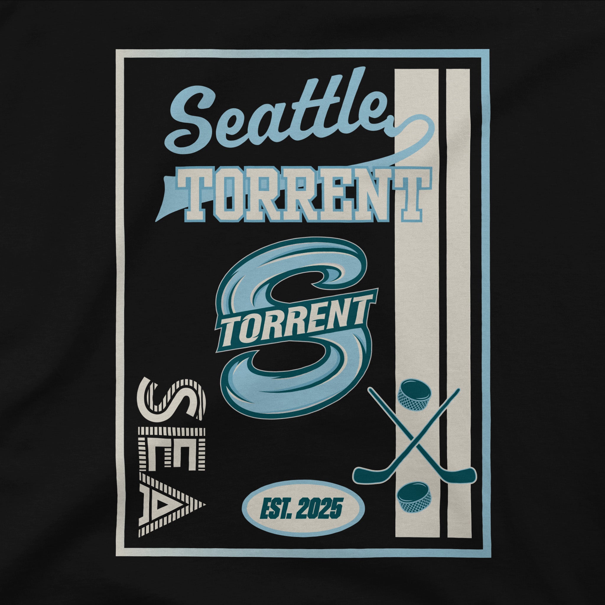 Close up of the graphic image on the black Youth Seattle Torrent Stadium Essentials Jumbo Hoodie