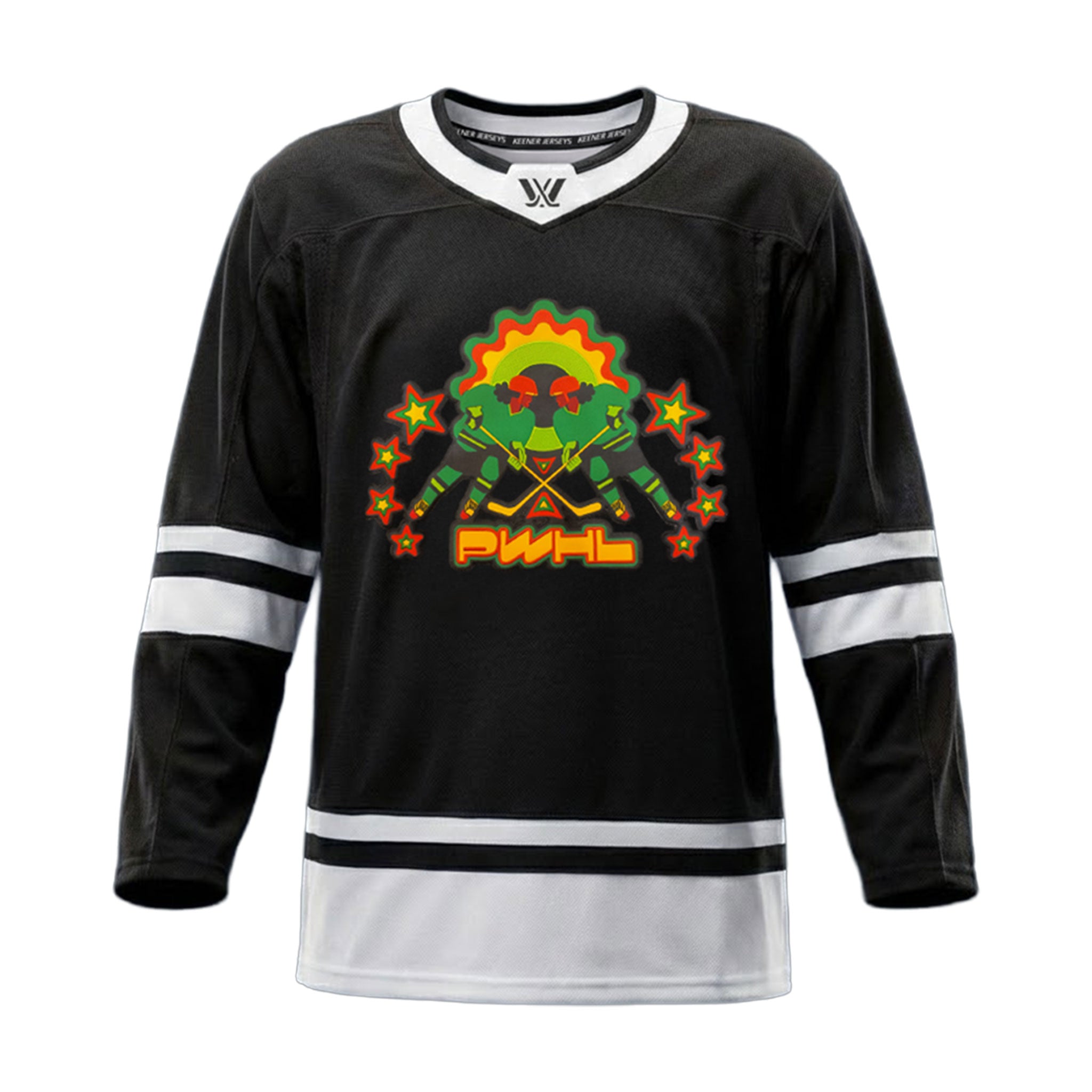 Black hockey jersey with colorful logo and 'PWHL' text on a white background