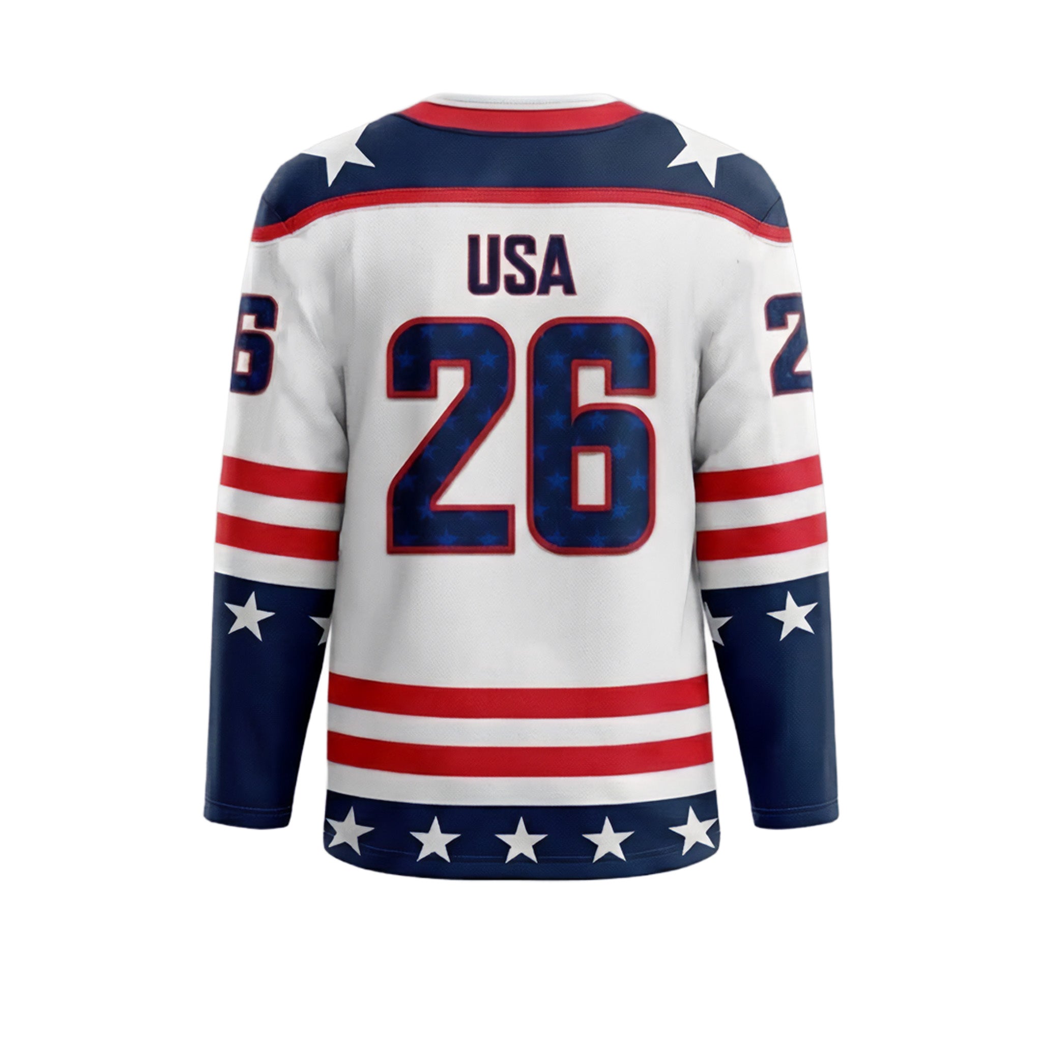 White, red and navy hockey jersey with 'USA' and number '26' on a white background