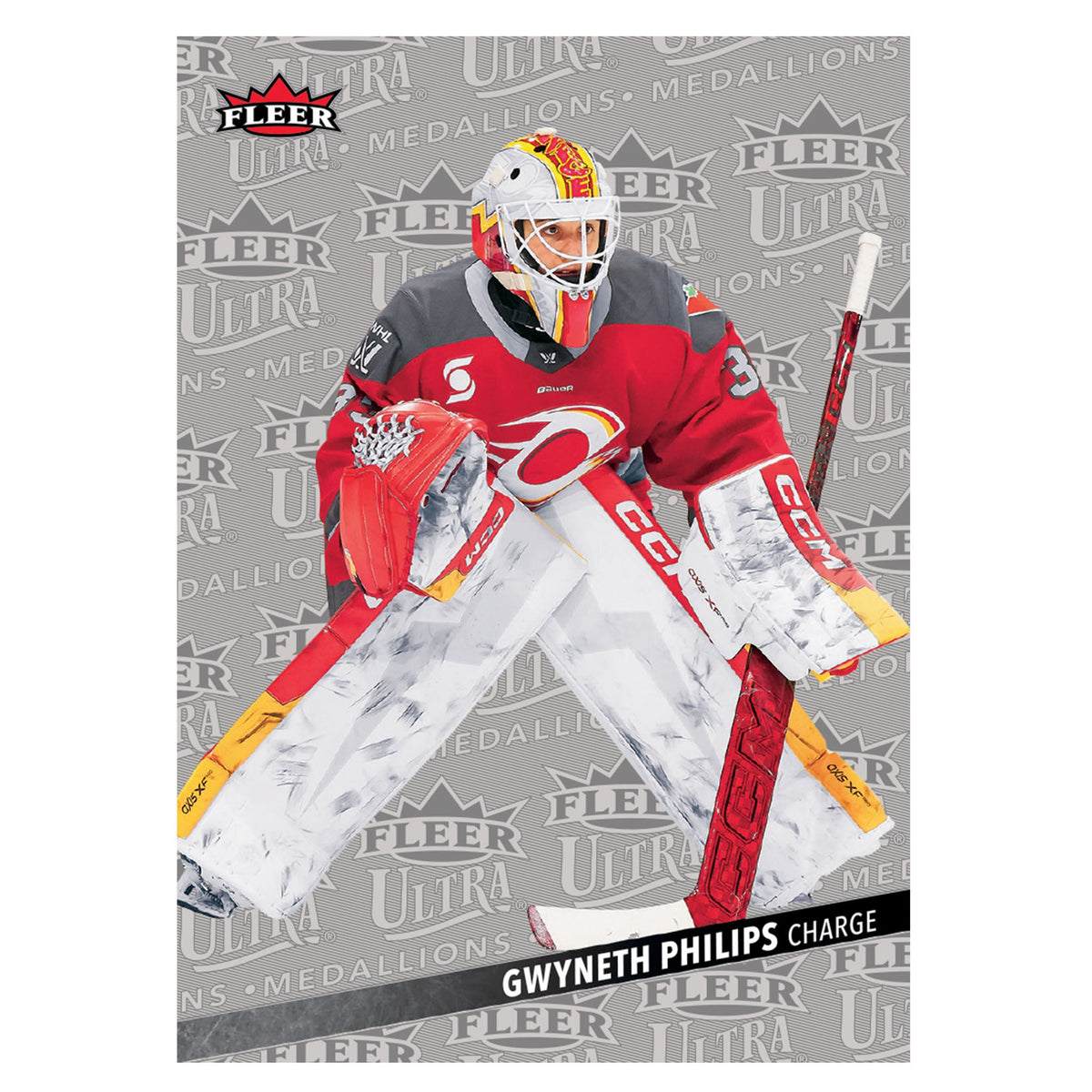 A Fleer Ultra collectible medal card featuring Gwyneth Philips in a red and gray hockey goalie uniform, posed dynamically against a gray patterned background with the Fleer logo in the top left.
