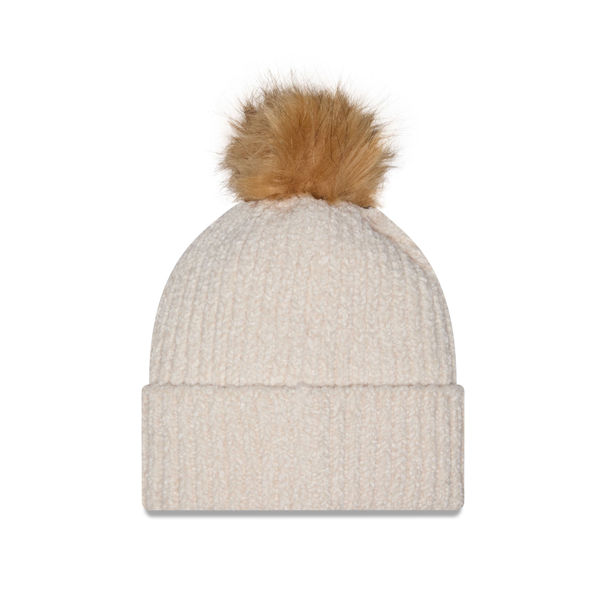 A cream-colored ribbed knit beanie hat with a fluffy tan faux fur pom-pom on top, shown against a plain white background.