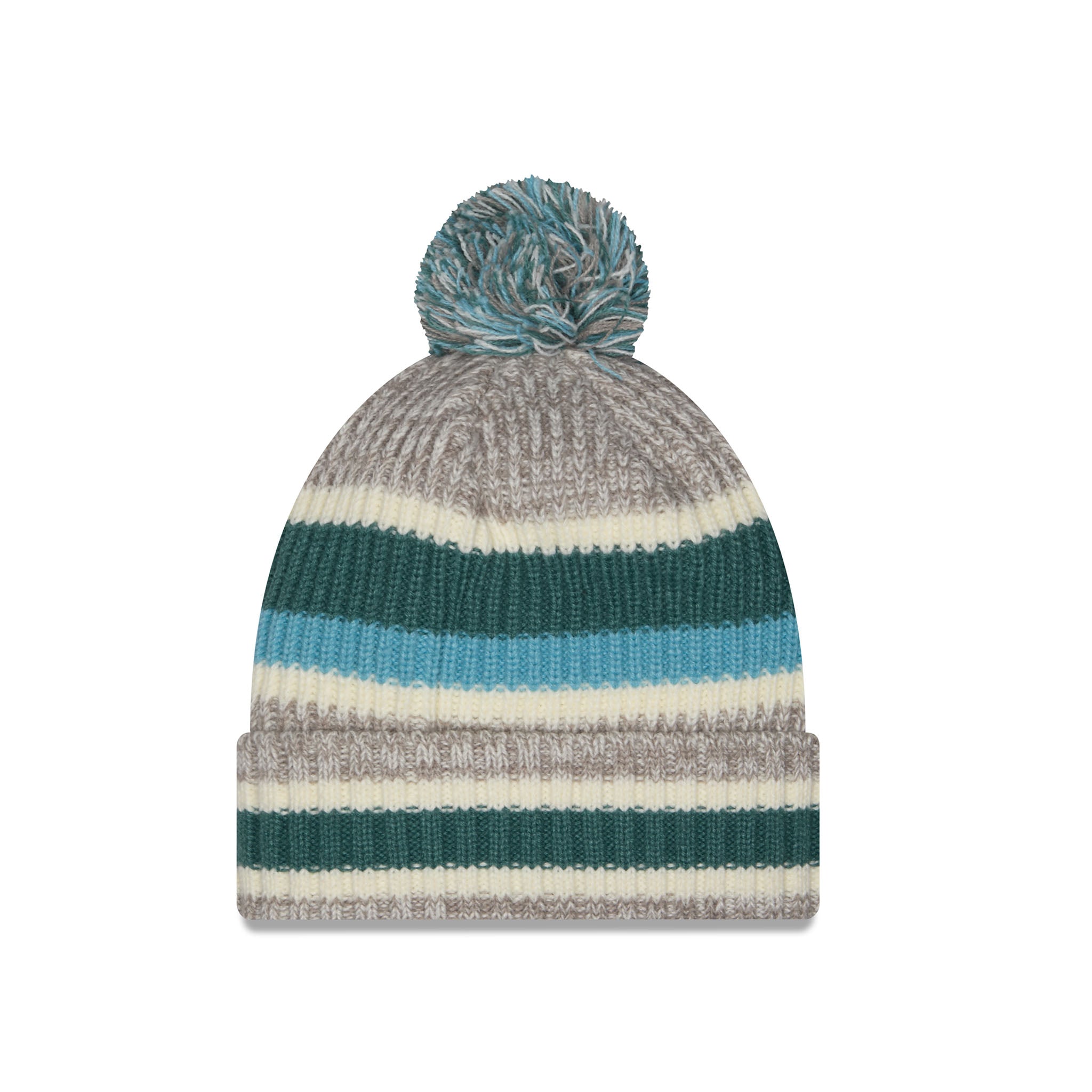 A striped knit pom-pom beanie hat featuring horizontal bands of dark teal, light blue, cream, and heather gray, topped with a matching striped pom-pom.