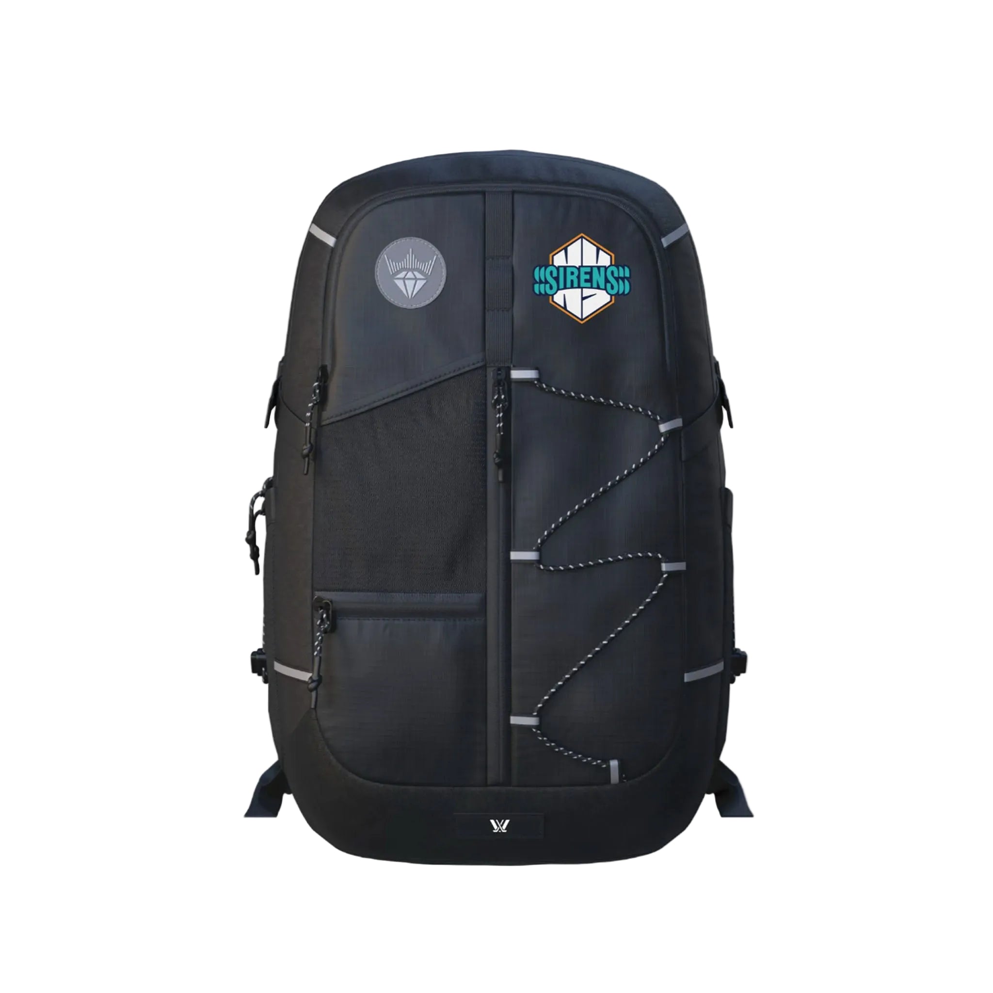 A black backpack with multiple zippered compartments, silver reflective straps, and custom patches, shown against a white background with a black color swatch overlay at the bottom right.