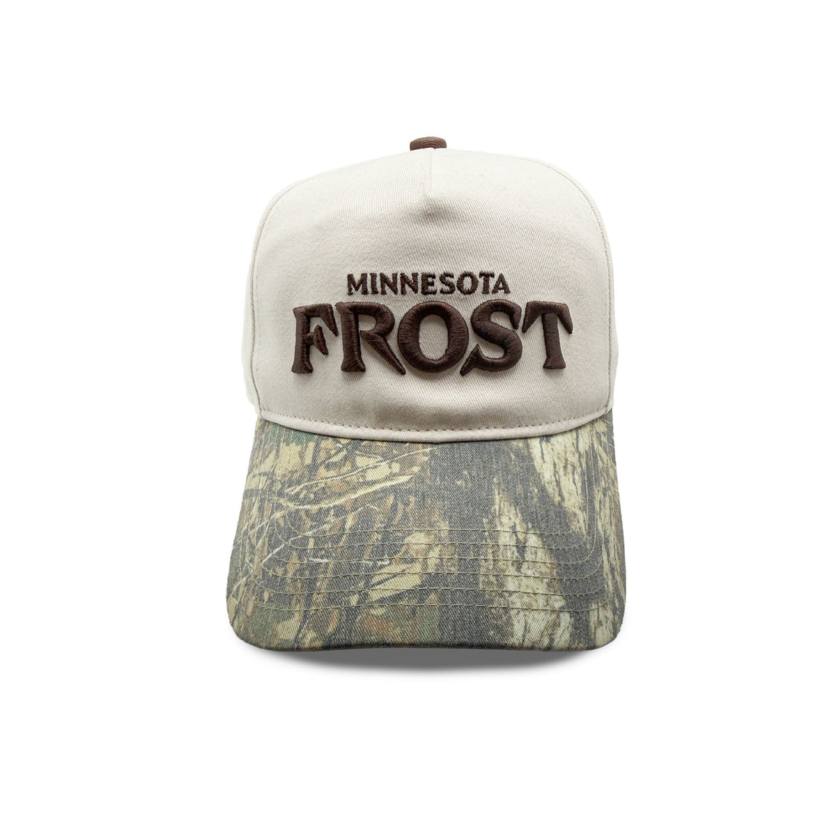 Front of a cream hat with a camouflage brim that has 'MINNESOTA FROST' embroidered in brown. 