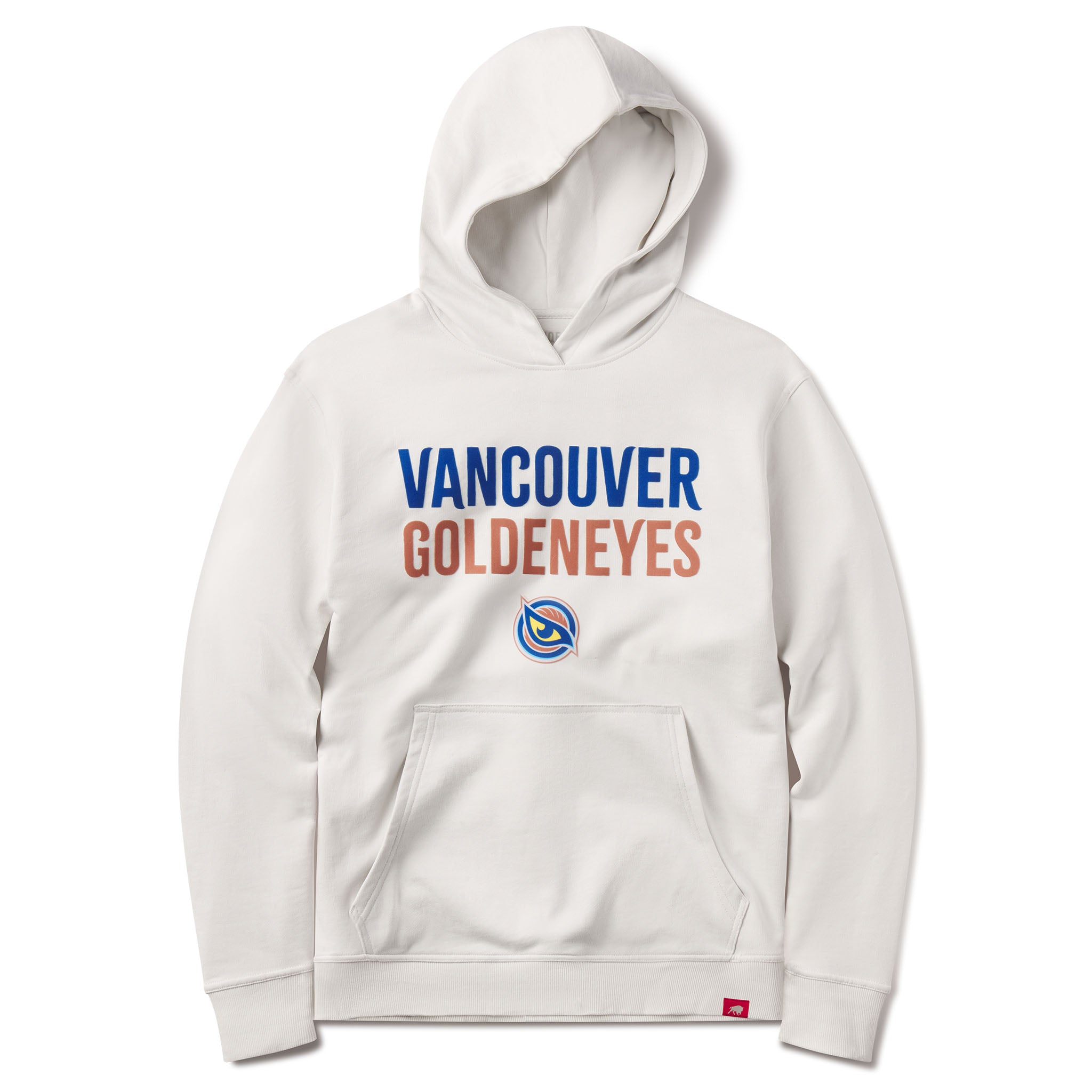 White hoodie with 'Vancouver Goldeneyes' text and logo on a white background