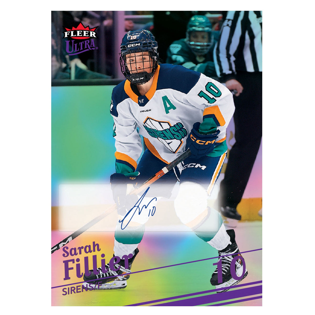 An autographed Fleer Ultra hockey trading card featuring Sarah Fillier in a white, teal, and navy Sirens jersey, with a holographic rainbow sheen across the lower portion.