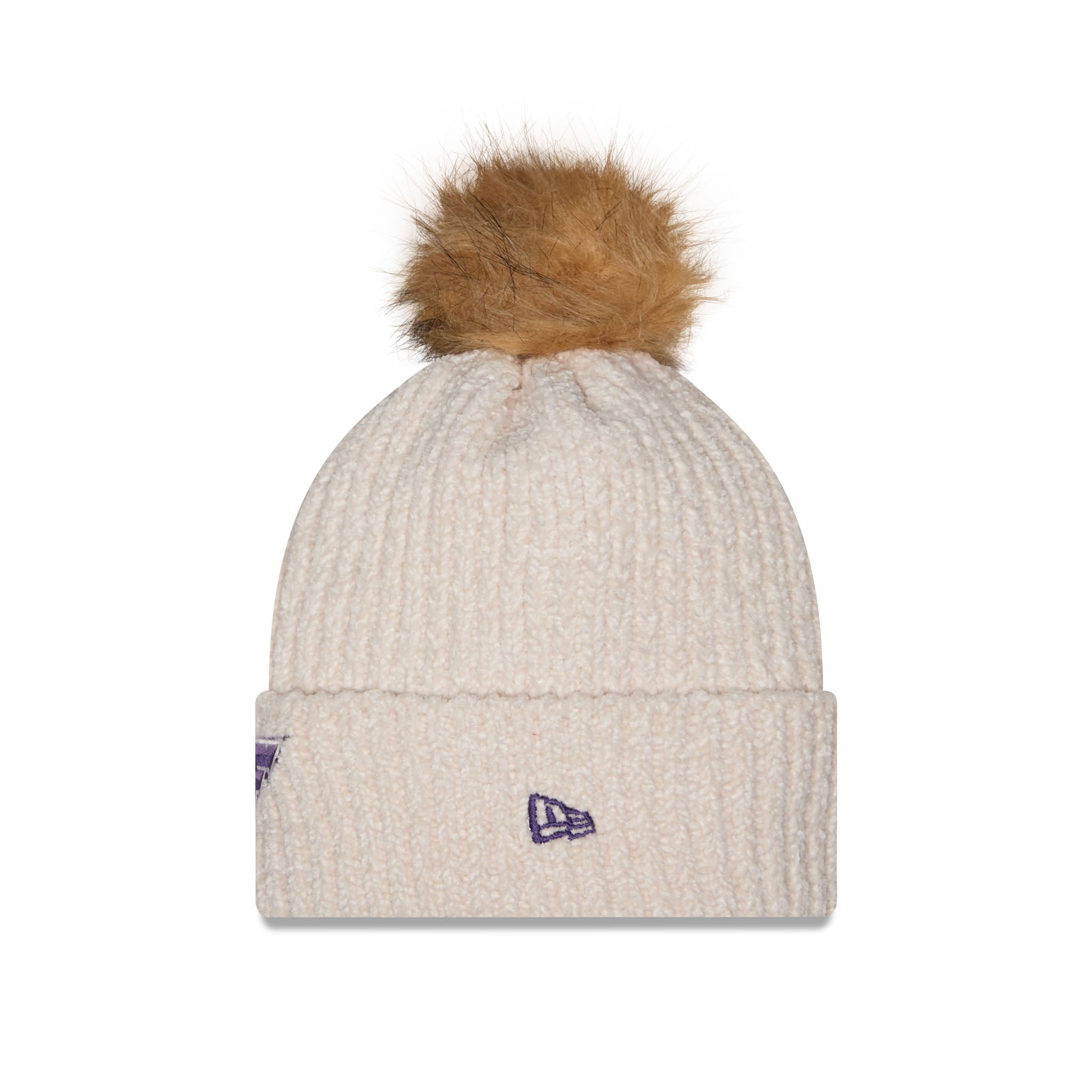 An off-white ribbed knit pom-pom beanie with a brown faux-fur pom-pom on top and a small purple embroidered New Era logo on the cuff.