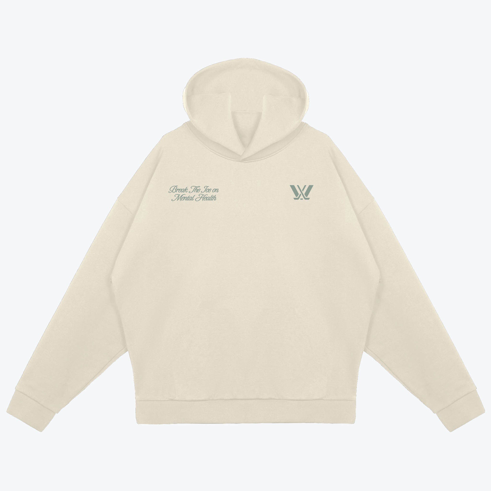 Beige hoodie with branding on a white background