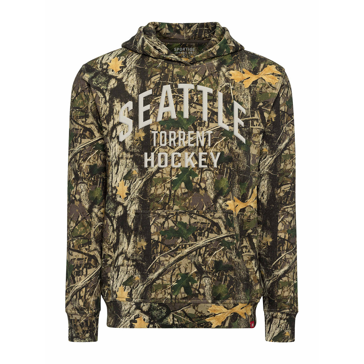 Front of a camouflage hooded sweatshirt. 'SEATTLE' is arched across the chest. Two lines of white text below it read 'TORRENT' and 'HOCKEY'. 