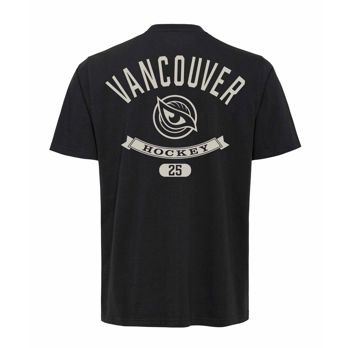 The back of a black short sleeve shirt with a white Vancouver Goldeneyes logo. Above it is 'VANCOUVER' in white and below it is a robin with 'HOCKEY' cut out of it and an ovel with'25' cut out.