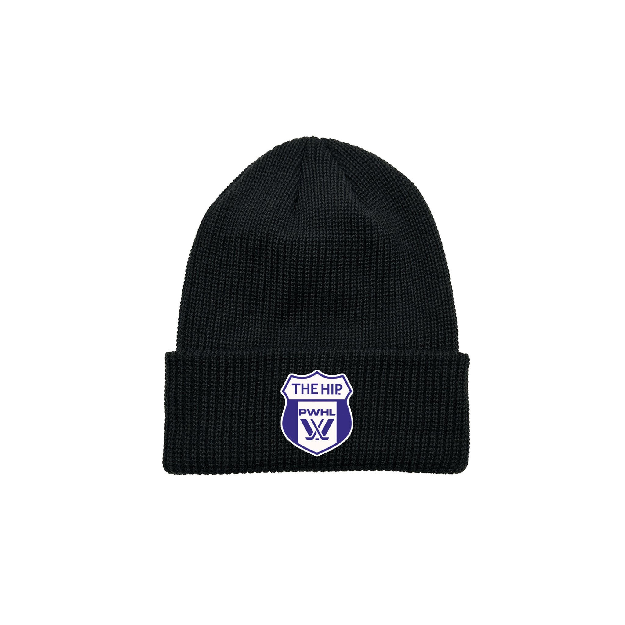 Black beanie with a logo on a white background