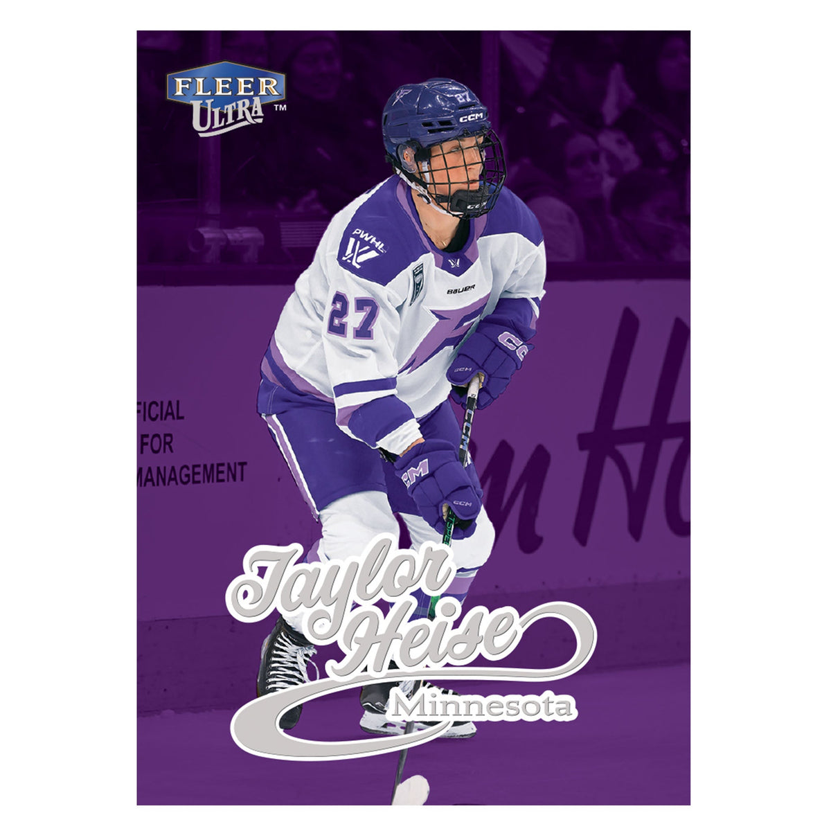 A Fleer Ultra hockey trading card featuring player Taylor Heise of Minnesota Frost in a white and purple uniform, with the card's purple border and player name printed at the bottom.