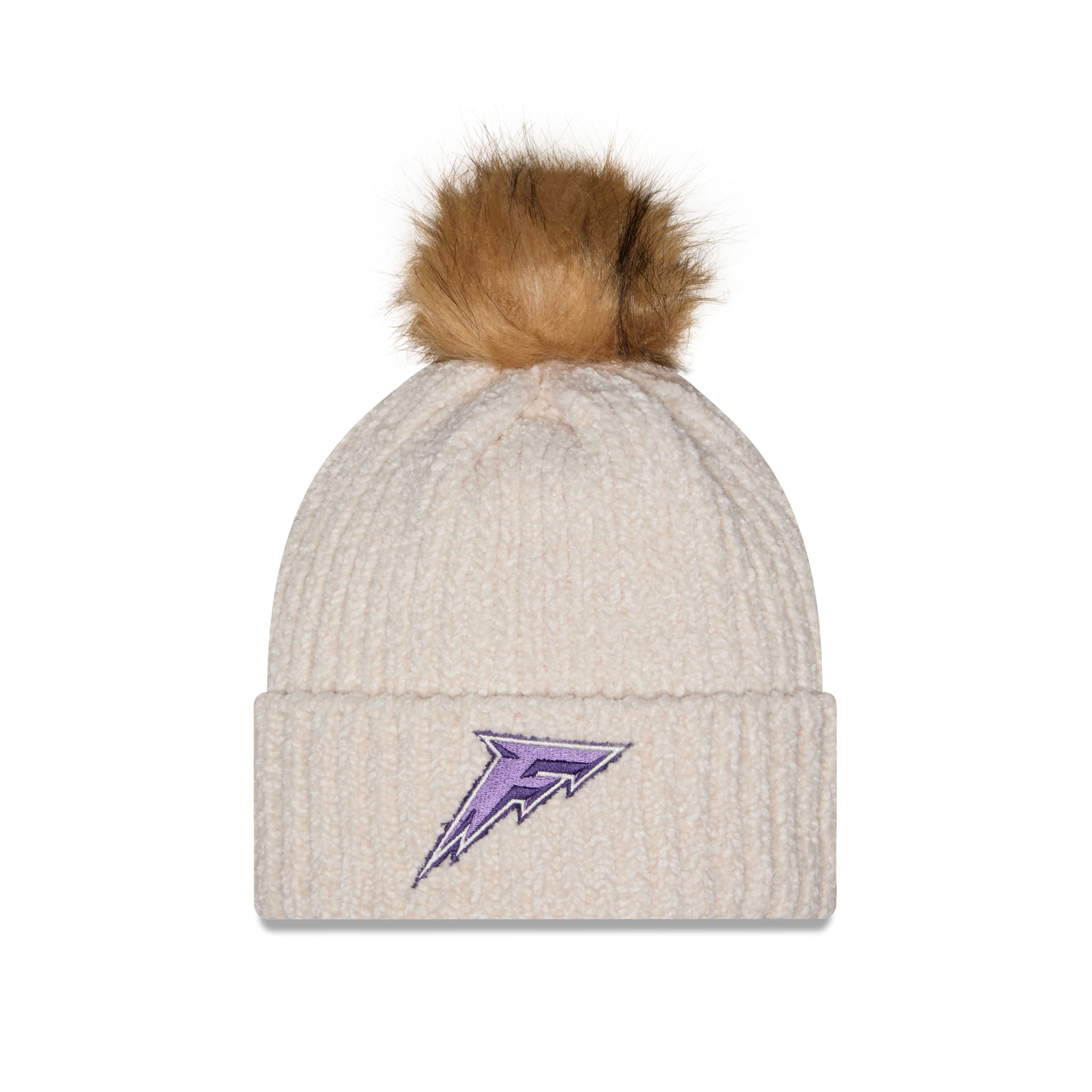 A ribbed knit pom-pom beanie in a light oatmeal beige color, featuring a purple and gray lightning bolt logo embroidered on the front cuff. The beanie is topped with a brown faux fur pom-pom and is photographed against a clean white background.