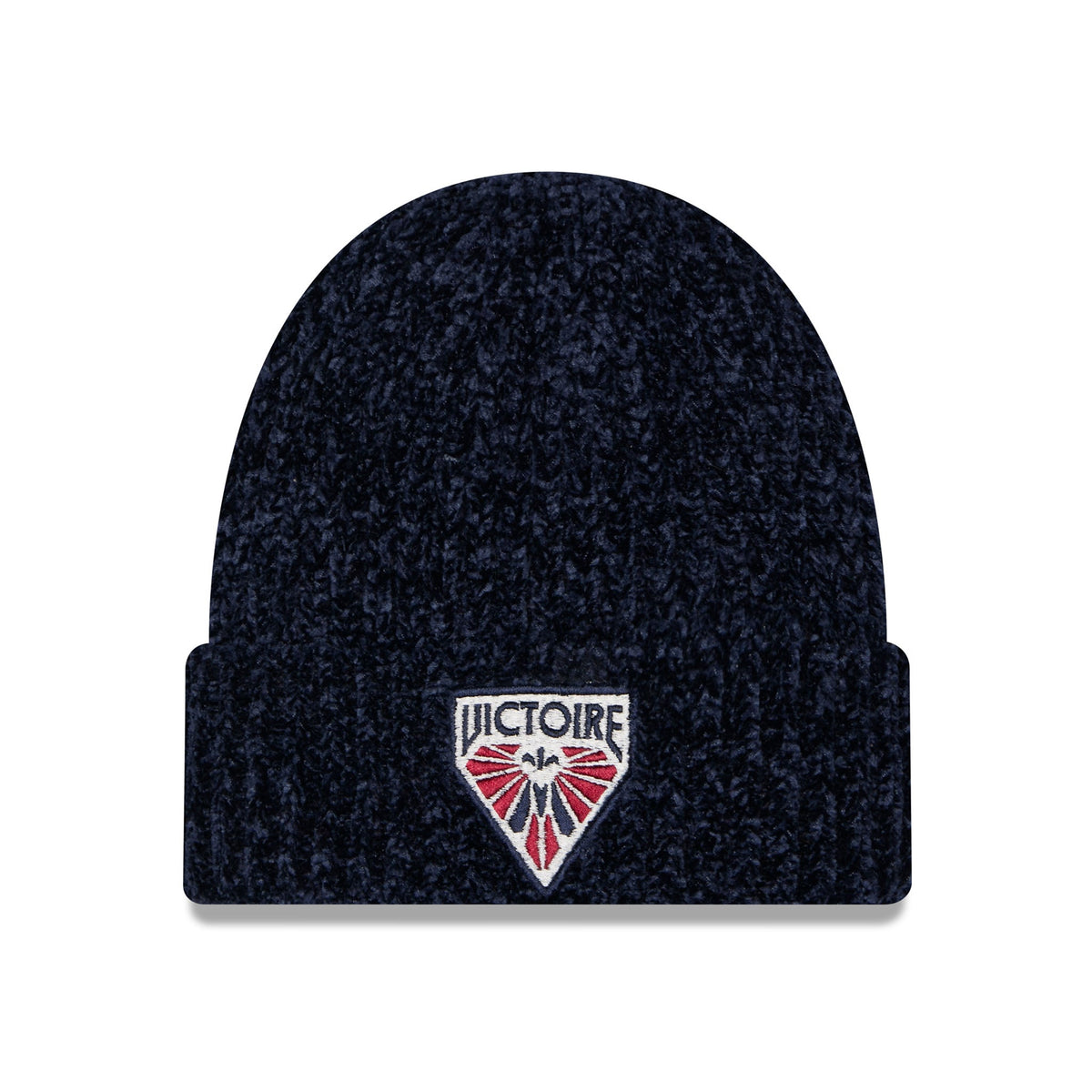 A dark navy blue heathered knit beanie with a folded cuff, featuring an embroidered shield logo on the front with the word 'VICTOIRE' in white and red details.