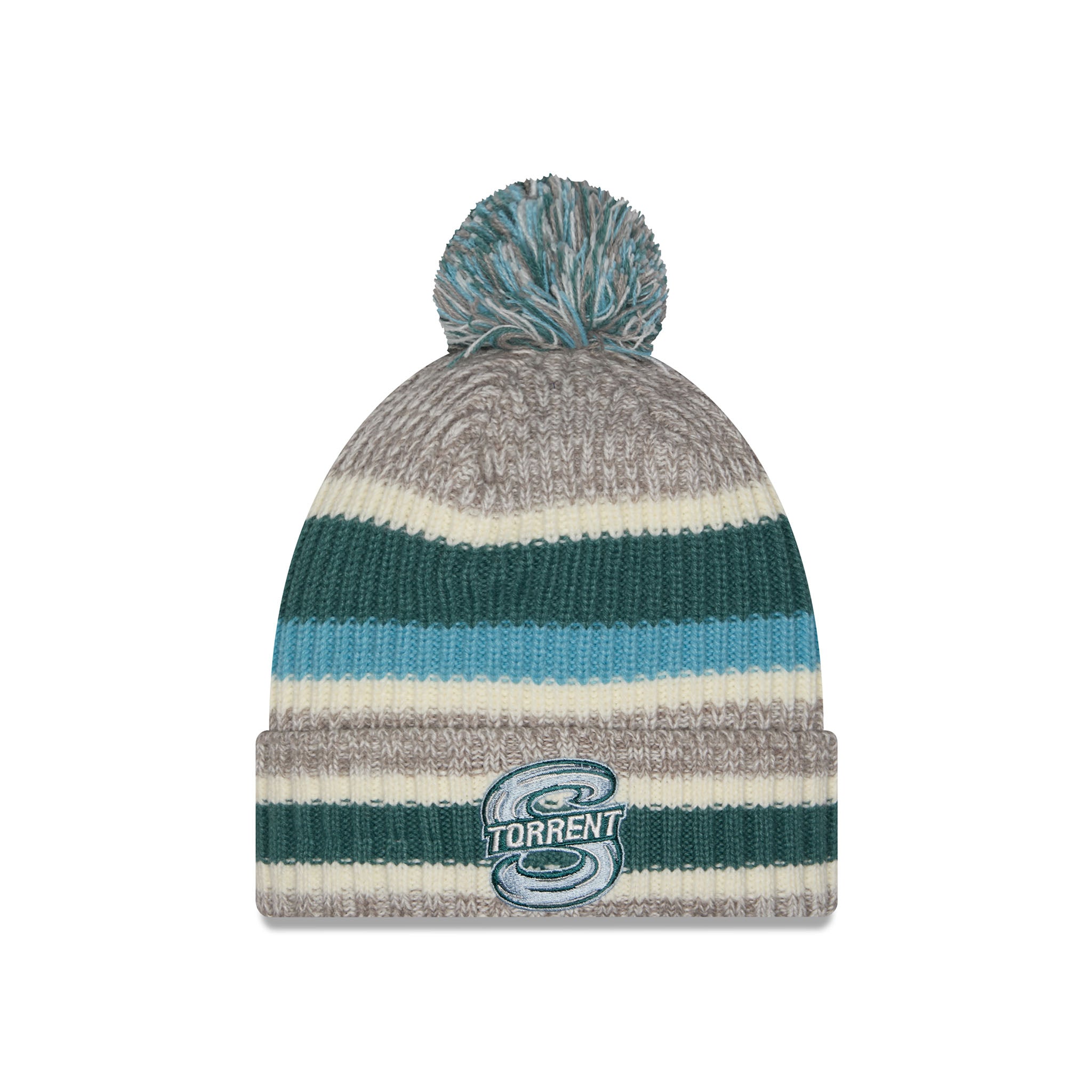 A striped knit pom-pom beanie hat featuring horizontal bands of heather gray, cream, teal, and light blue, with a cuffed bottom and a white and teal 'TORRENT' logo patch on the front. Photographed on a clean white background.