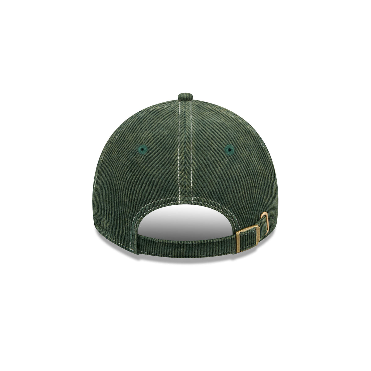 A dark green corduroy baseball cap viewed from the back, featuring a matching green button on top and an adjustable green corduroy strap with a gold-tone metal buckle.