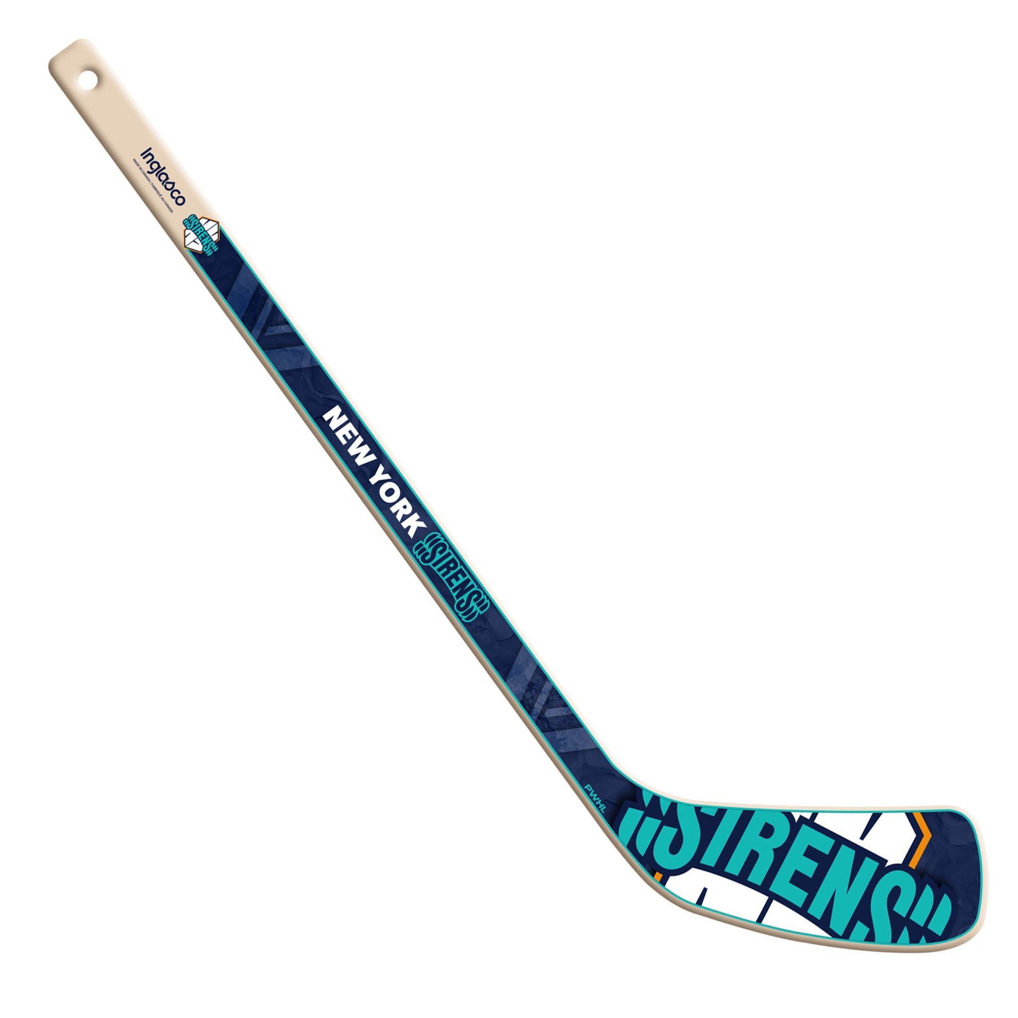 Hockey stick with 'New York Sirens' branding on a white background