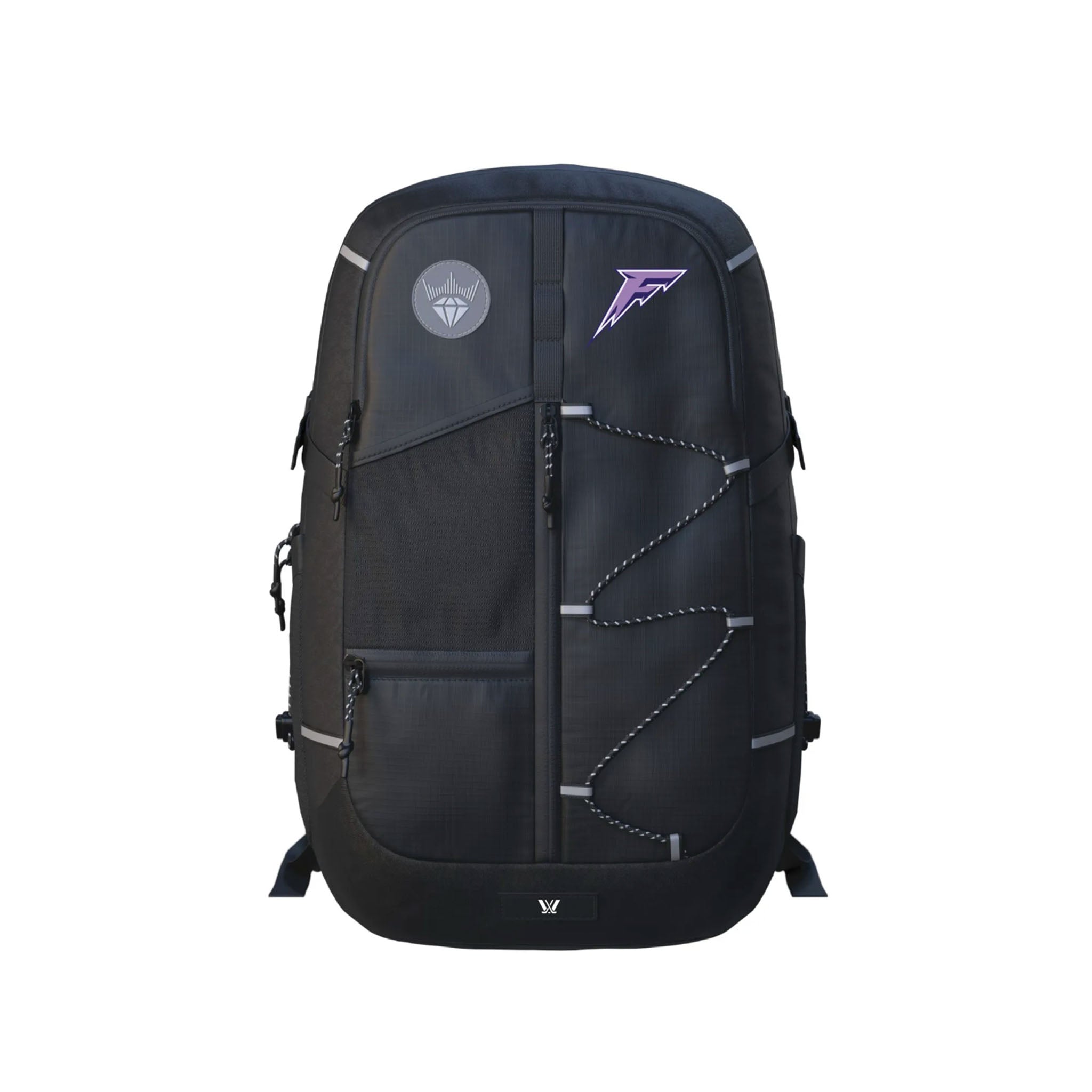 A black backpack with multiple zippered compartments, silver reflective straps, and two logo patches on the front, shown against a plain white background.