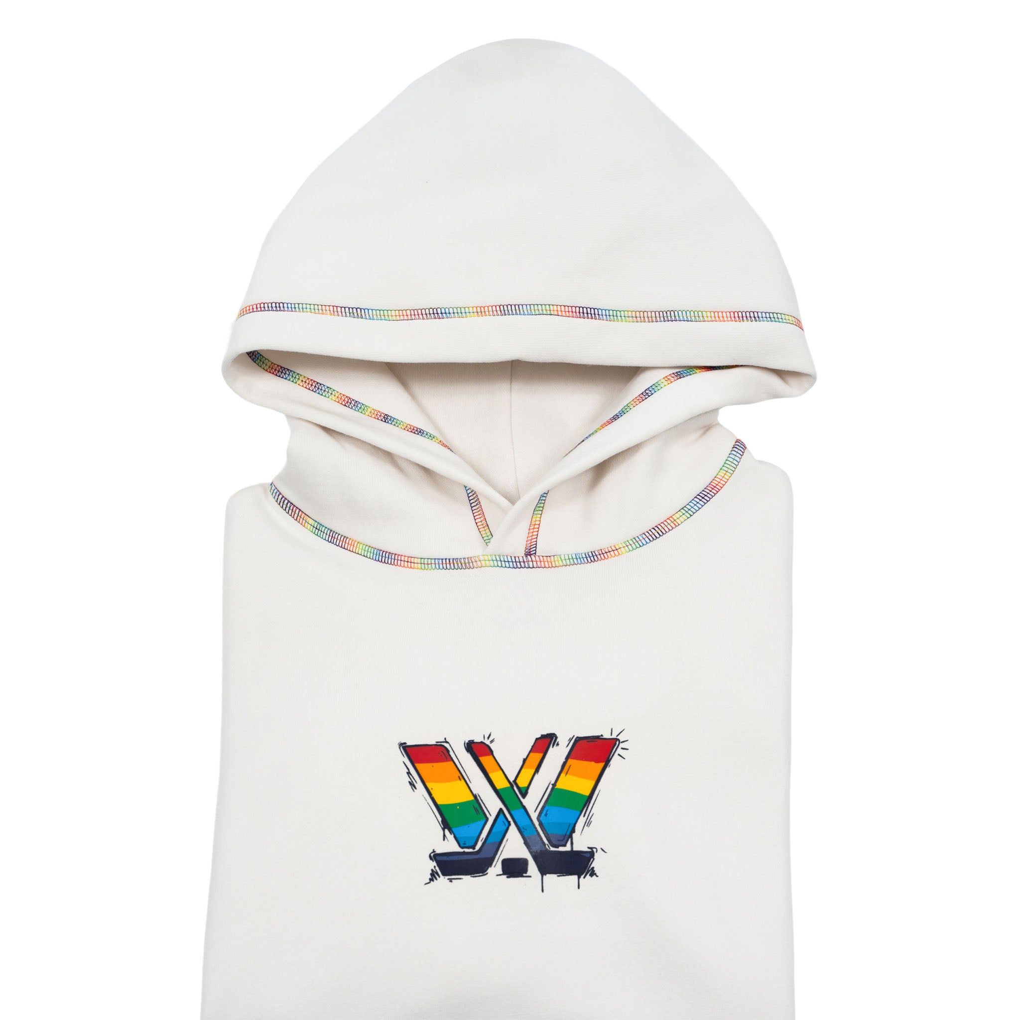 White hoodie with rainbow accents and a logo on a white background