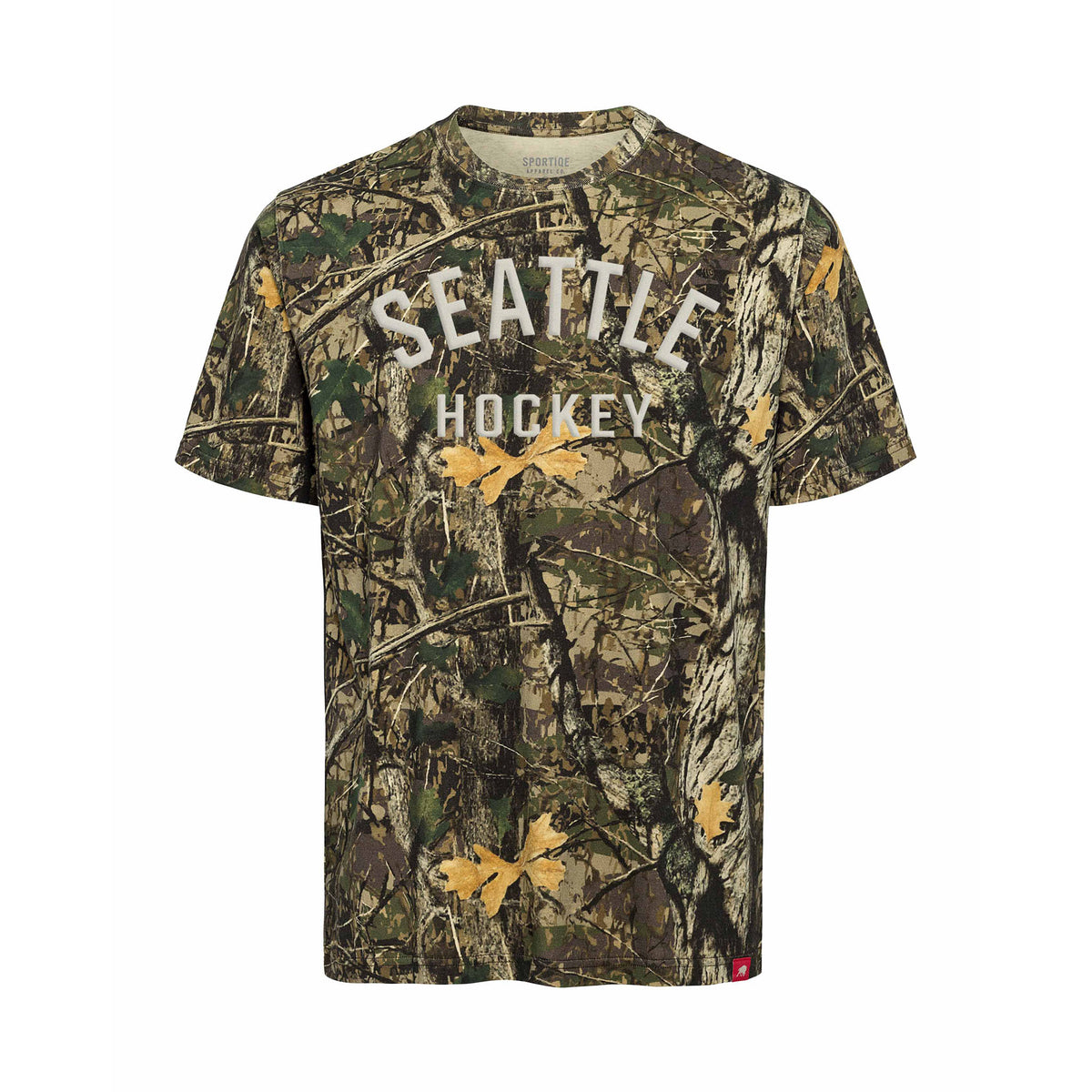 Front of a camouflage short sleeve shirt. 'SEATTLE' is arched across the chest. A line reads 'HOCKEY' below it. 