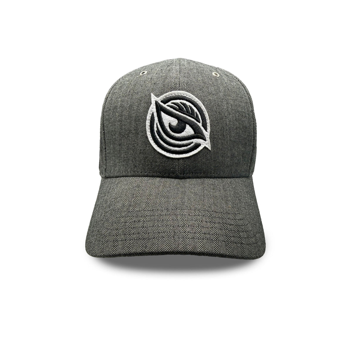 Front of a gray herringbone hat with a black and white Vancouver Goldeneyes logo embroidered. 