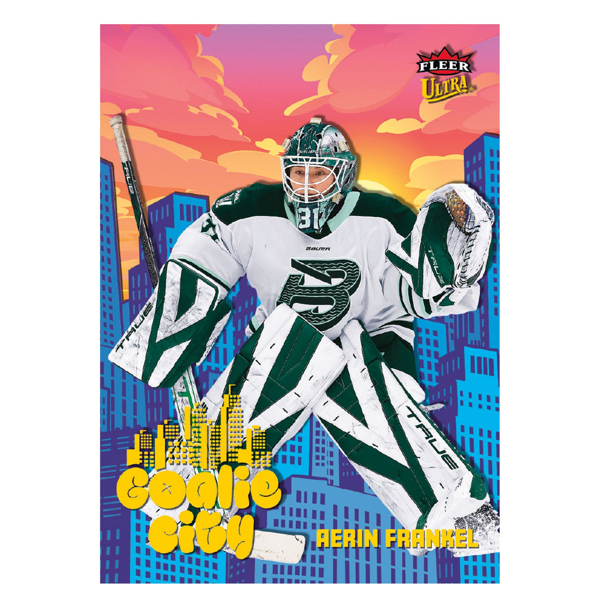 A Fleer Ultra hockey trading card featuring goalie Aakin Frankel in a white and green jersey, posed against a stylized city skyline and sunset sky. The card includes the text 'Goalie City' and the Fleer Ultra logo.