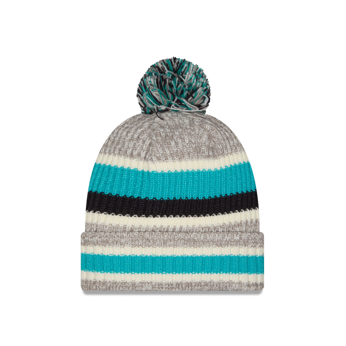 A striped knit beanie hat with a pom-pom on top, featuring horizontal bands of heather gray, teal, cream, and black, photographed against a plain white background.