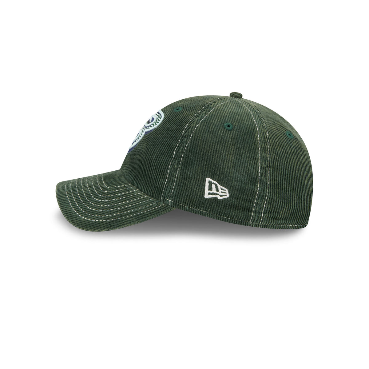 A dark green corduroy baseball cap with white contrast stitching, featuring a embroidered team logo on the front and a white New Era flag logo on the side, set against a plain white background.