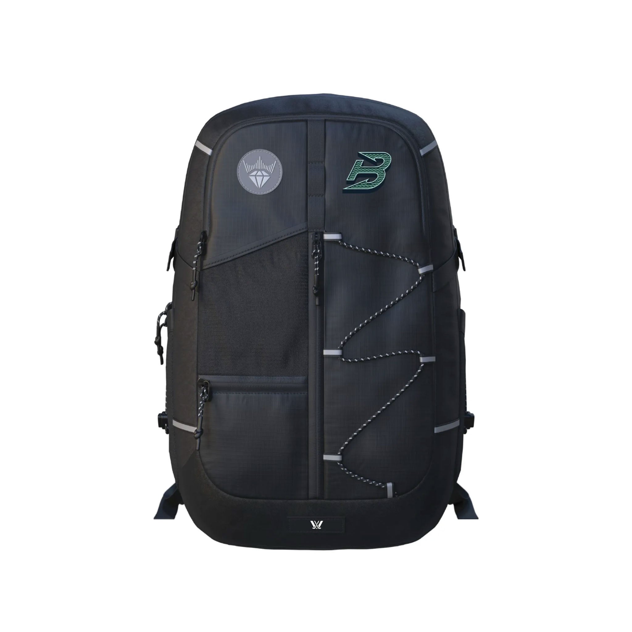 A black backpack with multiple zippered compartments, silver reflective straps, and two logo patches on the front, shown against a plain white background.