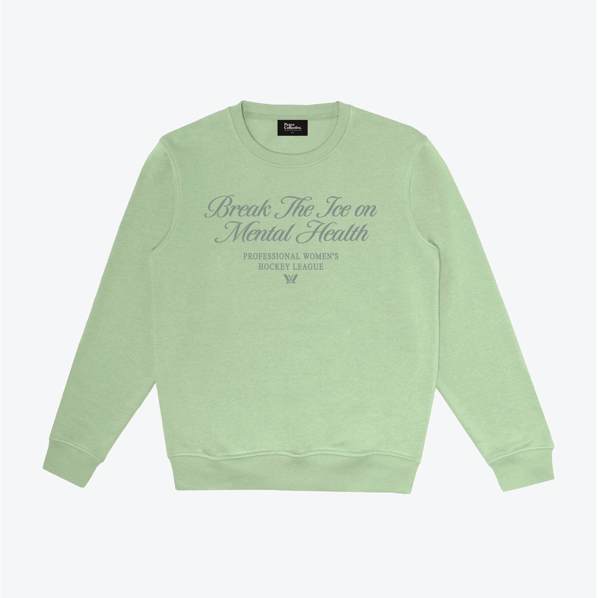 Light green sweatshirt with text on a white background