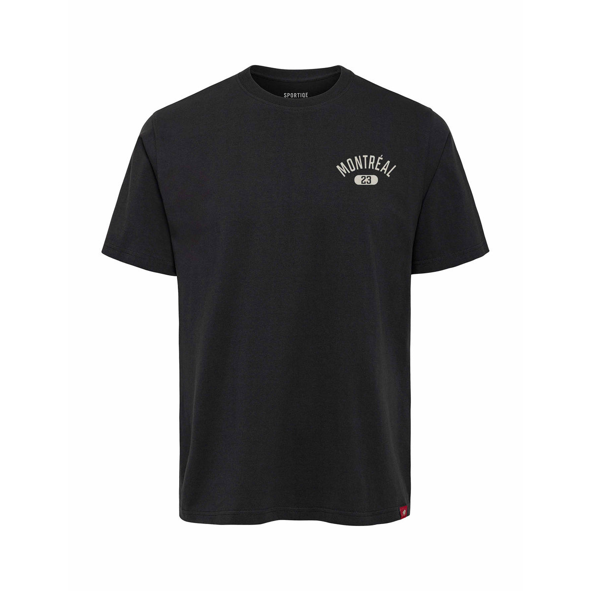 Front of a coal-color short sleeve shirt. On the left chest, 'MONTREAL' in white arched writing with '23' in a white oval below it. 