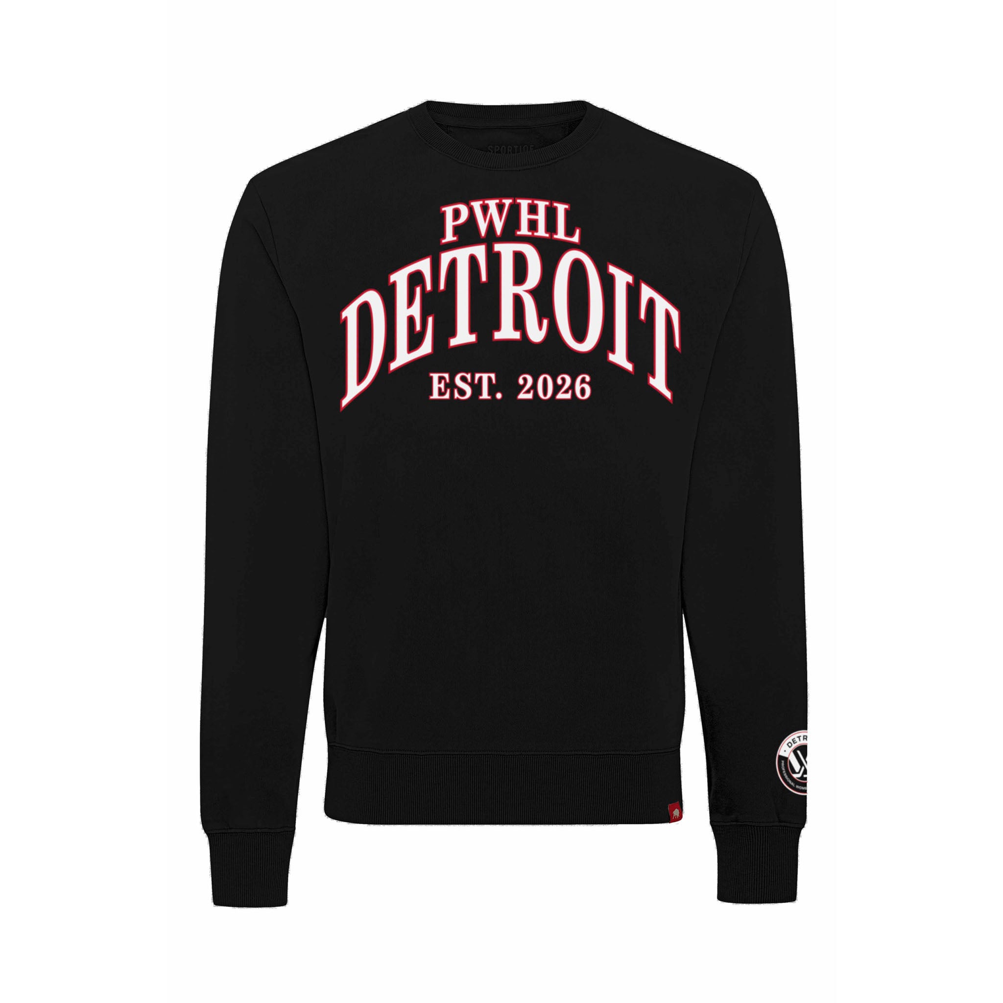 Black sweatshirt with 'PWHL Detroit EST. 2026' text on a white background